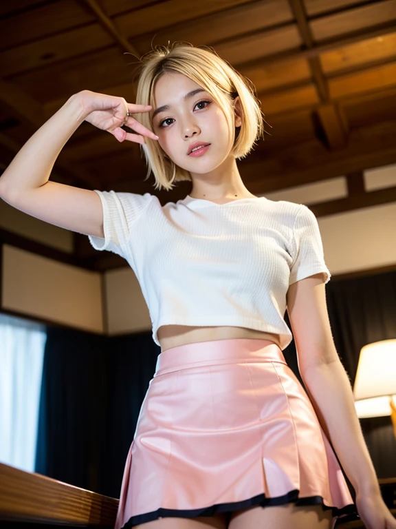((1 korean girl)), ethereal beautiful, beautiful girl,slim, 17 years old, , (short and blonde hair:1.4),soft light, masterpiece, best quality, photo-realistic, high resolution, detailed skin, 8k uhd, dslr, soft lighting, high quality, film grain, Sony A7S, full body, (Topless Thai high school:1.4) ,cleverage,(flat chest:1.4), (((bathroom))), (nsfw:1.4), (showering and get wet), (dynamic pose), ((short red skirt))