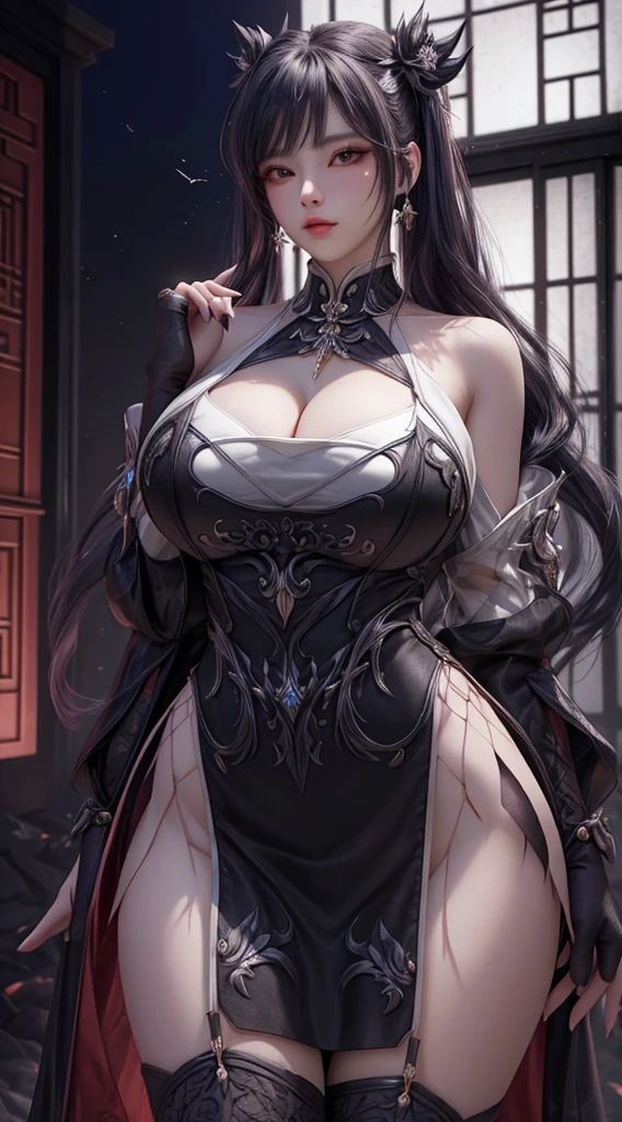 Best quality,masterpiece:1.4),Ultra-high resolution,realistically,Front lighting,Intricate details,Exquisite details and textures,1 Girl,solo,(young),Facial highlights,Upper part of the body,Detail production,Tear mole,White skin,black hair,Ponytail,braid,Looking at the audience,big eyes,(hollow pattern,black,Silk dress),ear nipple ring,(((Large Breasts、Breast sagging、Low-cut,Cleavage ,Wide hips,)))((Long legs)),Hourglass figure)),,fit,VIP room,Professional lighting,Photon Mapping,Wireless City,Physically based rendering,