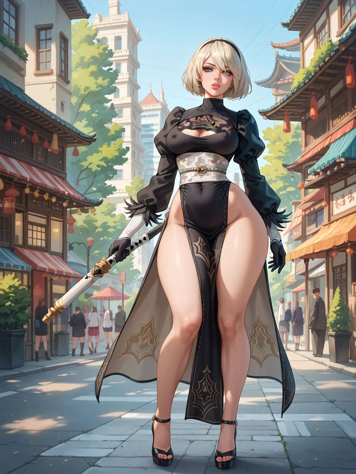 Arthur Rackham, Paul Nash, Surreal, mysterious, strange, fantastical, fantasy, Sci-fi, Japanese anime, falling silver spheres, the valley of a skyscraper, beautiful blonde miniskirt girl Alice, perfect voluminous body, holding a blue shining umbrella, detailed masterpiece Hyper realistic sharp focus cinematic lighting sexy big tits wet clothes wet wet body see through transparent areola nipples cameltoe shapes erotic body provocative coquettish seducing happy excited shy blushing looking at viewer close up real