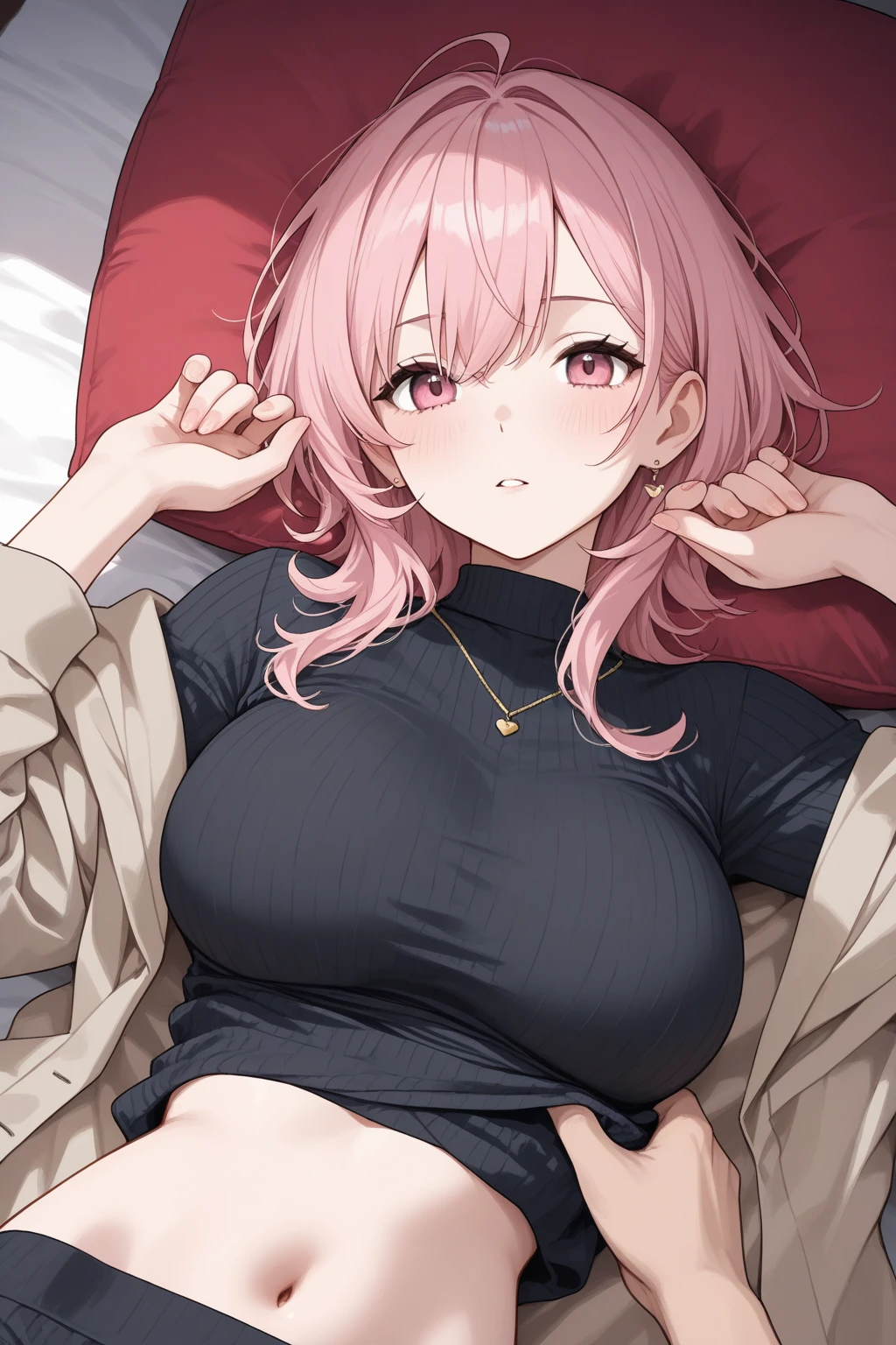 Sexy woman, eyes closed, mouth open, very deep blush, tip of the nose is red, long neck, off shoulder pink sweater, medium chest, visible cleavage, bedroom, warm lighting ,in bed
