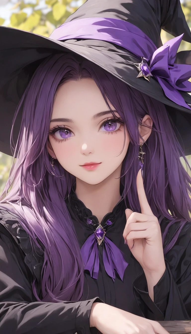 ???? painting of a beautiful young witch, Long purple hair, Rich purple lips, evil, evil女, smile, Black Prom Dress, She is coming to you, Close-up, Bright Blue Eyes, Surrounded by swirling pink smoke, Genuine, High detail, Highest quality