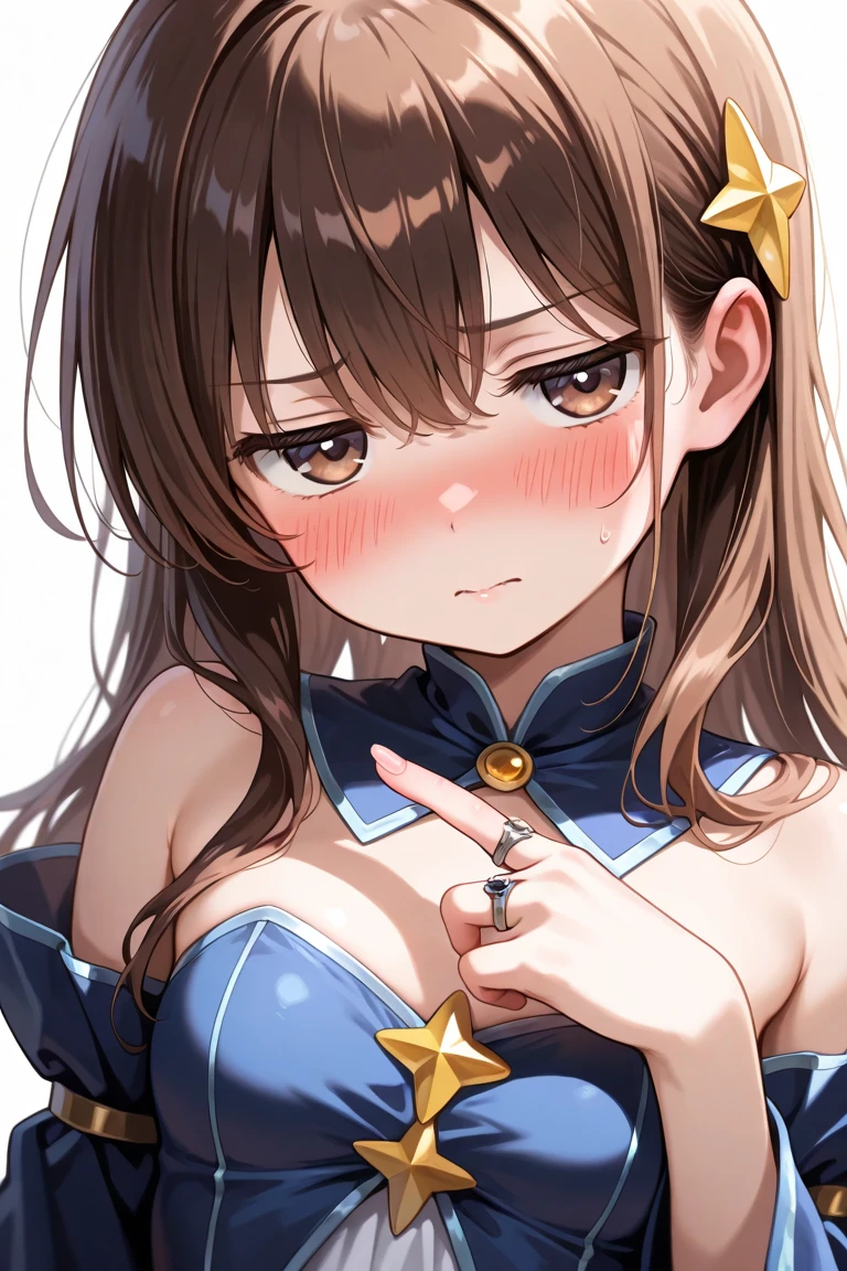 (masterpiece),(best quality),(ultra-detailed),(best illustration),(best shadow),(absurdres),(detailed background),(very aesthetic),1girl,solo,night,dim lighting,in narrow bedroom,heavy breath,shiny skin,sweat,,SoraBase, long hair, star hair ornament, hair ribbon, blue eyes, blue vest, sleeveless shirt, red ribbon, navel, wrist cuffs, blue skirt, blue thighhighs, thigh ribbon, waist cape,aged up,,,,red hair ribbon,,in heat,horny,orgasm face,,(covered erect nipples:0.7),,arm up,showing armpit,armpit hair,(portrait,close up:1.3),embarrassed,closed mouth,side view,looking at viewer,