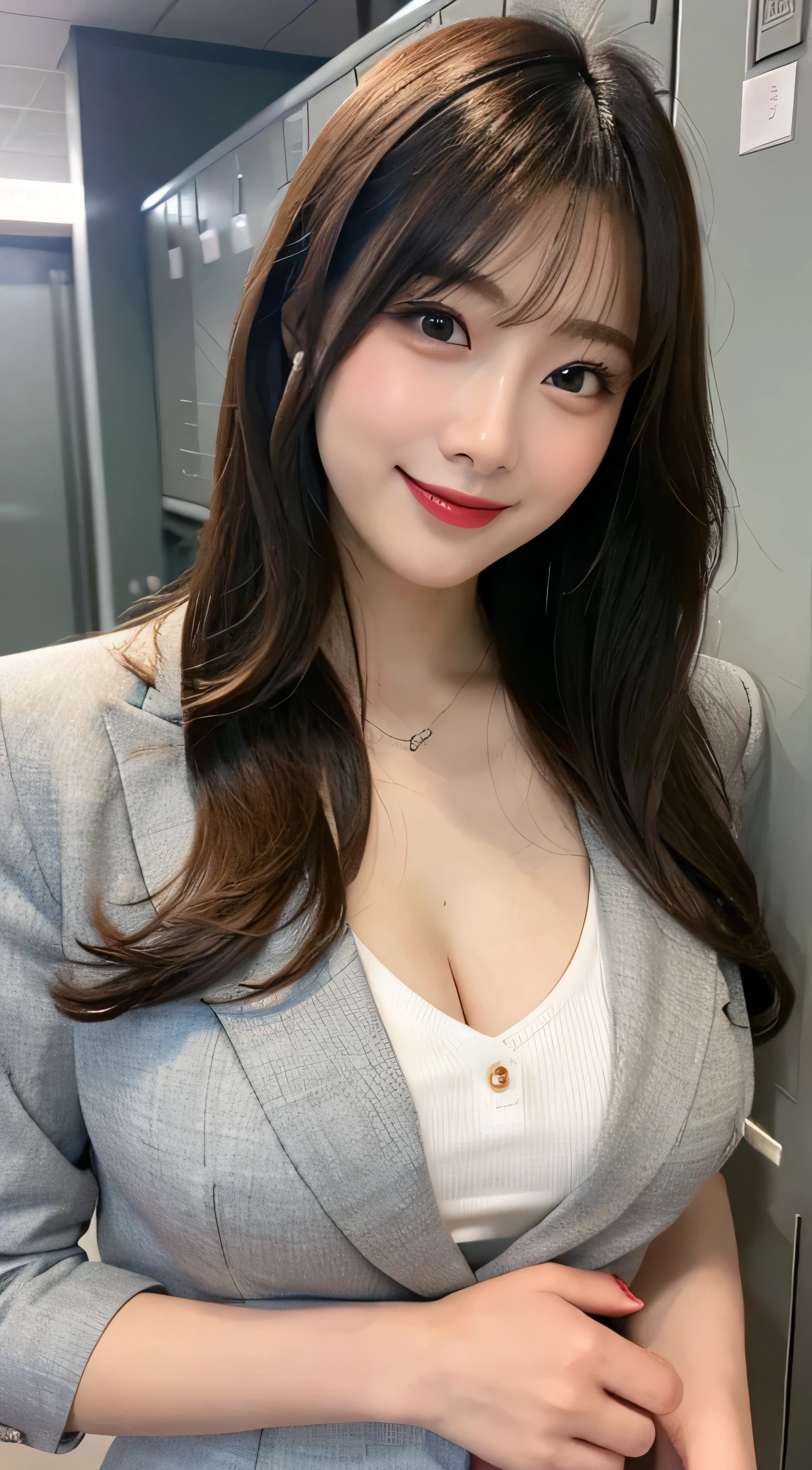((Best Quality, 8K, Masterpiece: 1.3)), Selfie, A Beautiful Woman with Perfect Figure: 1.4, Elongated Abs, Dark Brown Short and Medium Hair, Breasts, Wearing Pendants, Long Coat, Eyes Smiling, Summer, Vista is Blue Sky, Natural Light, Highly Detailed Face and Skin Texture, Detailed Eyes, Double Eyelids