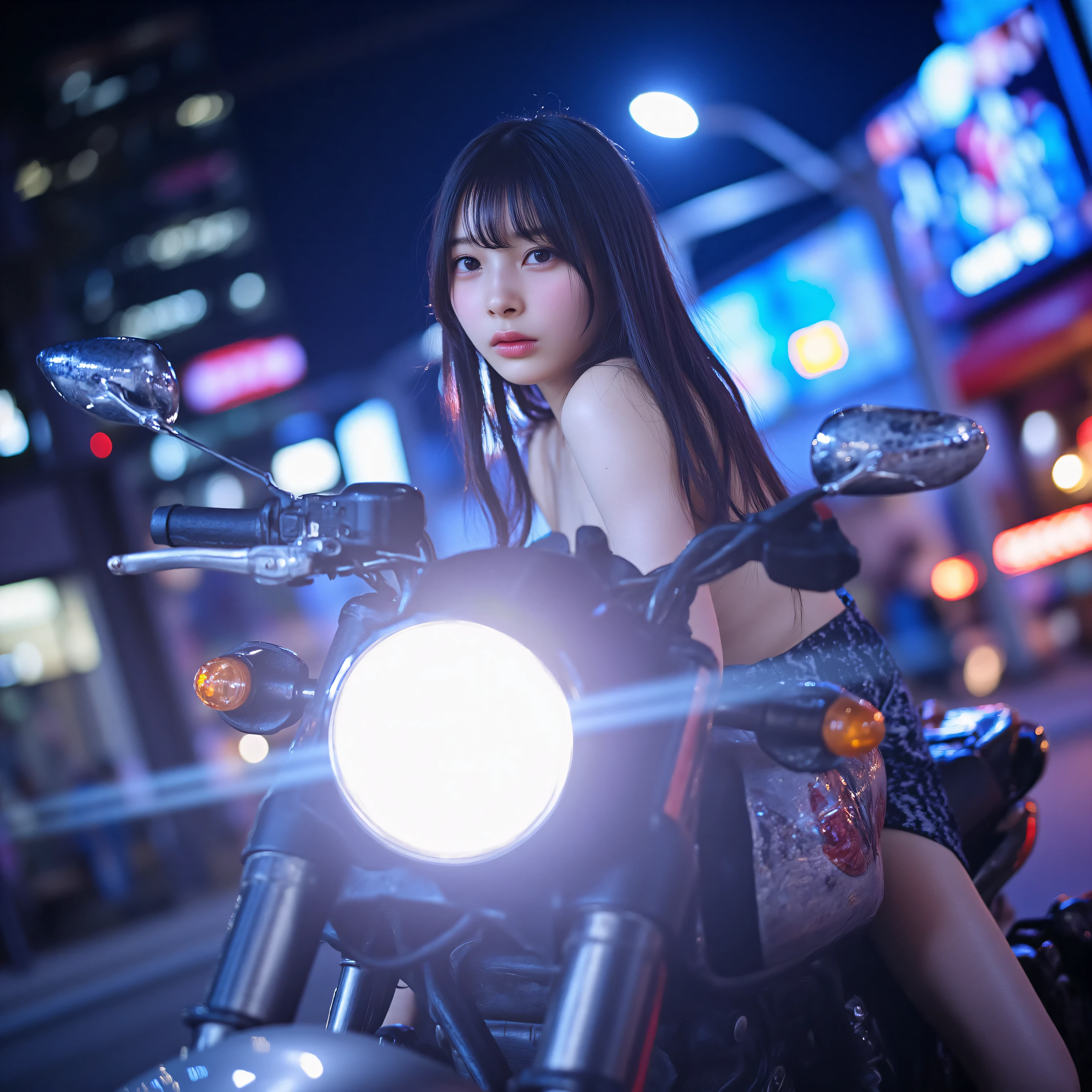 masterpiece, best quality, reality, photos, girl in wedding dress on sport motorcycle, cyberpunk city, city night scene, bokeh, shot with Nikon EOS camera, prime focus, portrait photography. --auto --s2