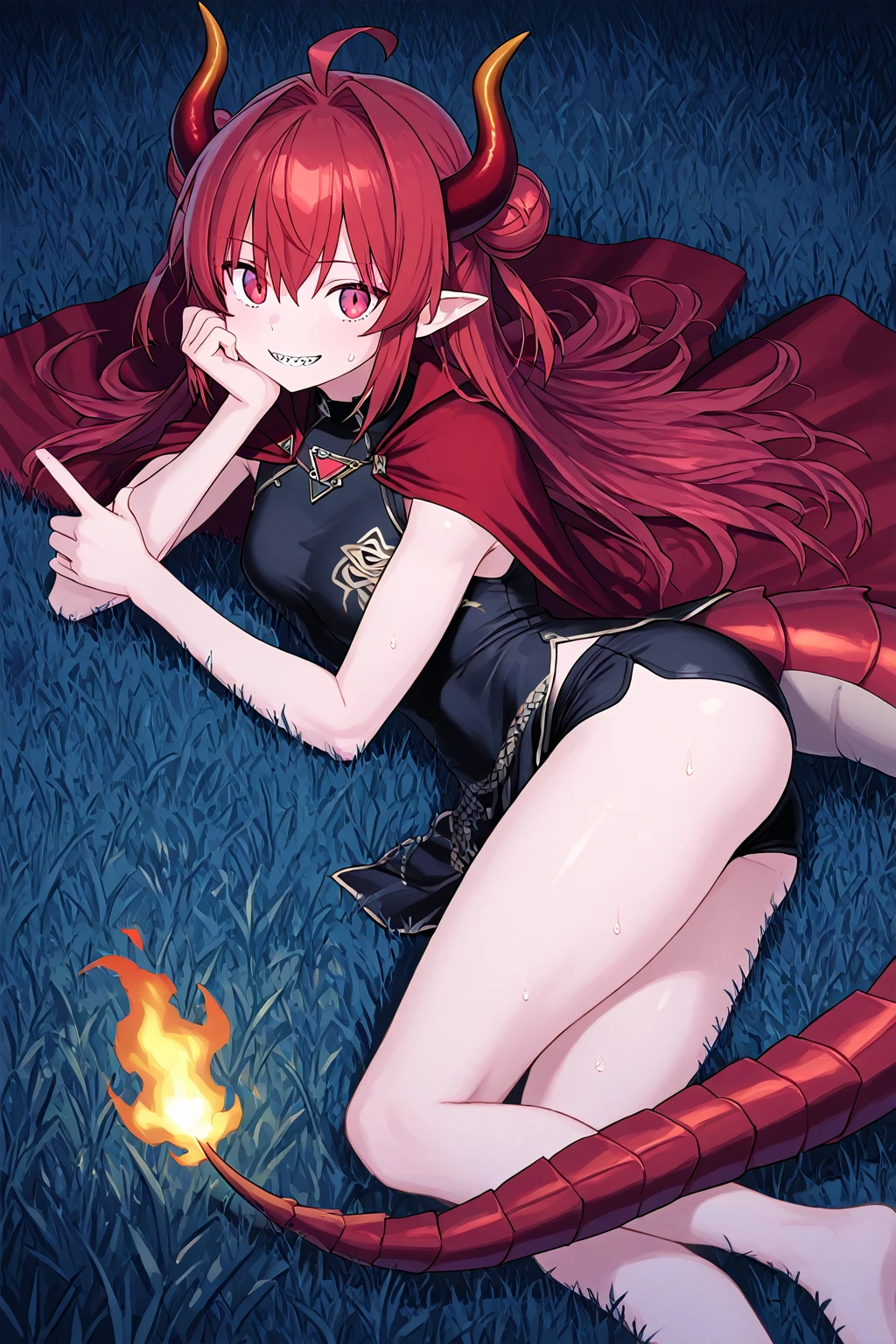 girl, Red hair, twin tails, glowing red eyes, slender frame, demon, sly smile, furry tail, digitigrade legs, laying in snow, night, exposed rib cage, protruding hip bones,
