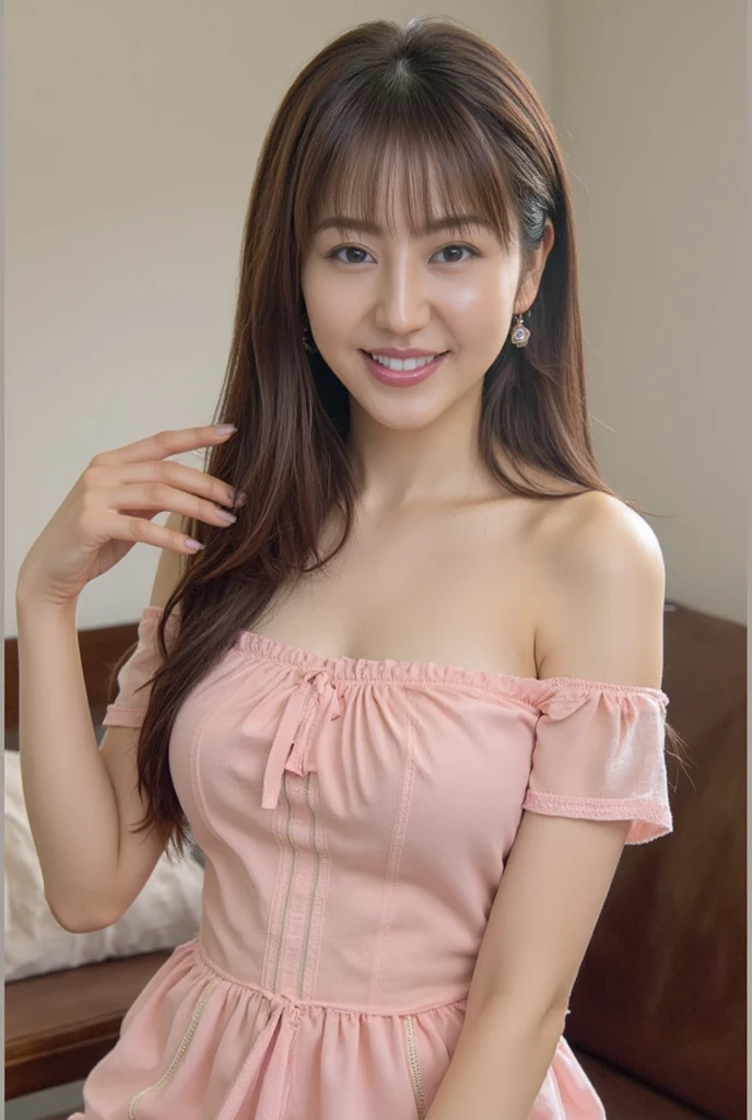 best quality,8k, Detailed facial depictions, Detailed eye description, Brown hair(long wavyhair),beautiful korean girl, 21 years old, Taking off your underwear, bare-breasted, slim body, medium chest size, Sitting with your legs apart, Smiling face, Colorful earrings, necklace,