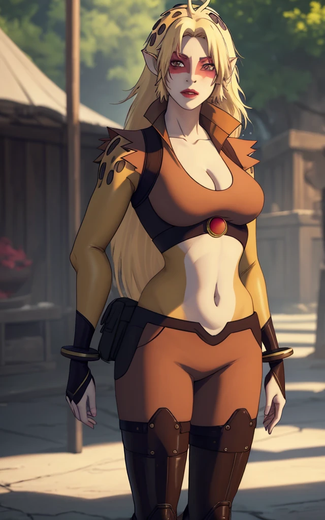 CARTOON_Cheetara_Thundercats2011_ownwaifu,
1girl, blonde hair, very long hair, colored skin, multicolored skin, two-tone skin,long hair, pointy ears, breasts, cleavage, makeup, red eyes, large breasts, navel, lipstick, brown eyes, blush, bangs, eyeshadow, slit pupils, facepaint, lips, jewelry, leopard print,
collared jacket, orange leotard, midriff, crop top, gloves, bracelet, open clothes, toeless legwear, bodysuit, anklet, thighhighs, fingerless gloves, sleeveless,
<lora:CARTOON_cheetara_2011Thundercats_ownwaifu:0.7> ,
((masterpiece)),((best quality)),(highres, absurdres), original, official_art, chromatic_aberration, light_particles, bokeh, bloom, depth_of_field, outdoors, day, looking at viewer, solo, cowboy shot, photo_background,