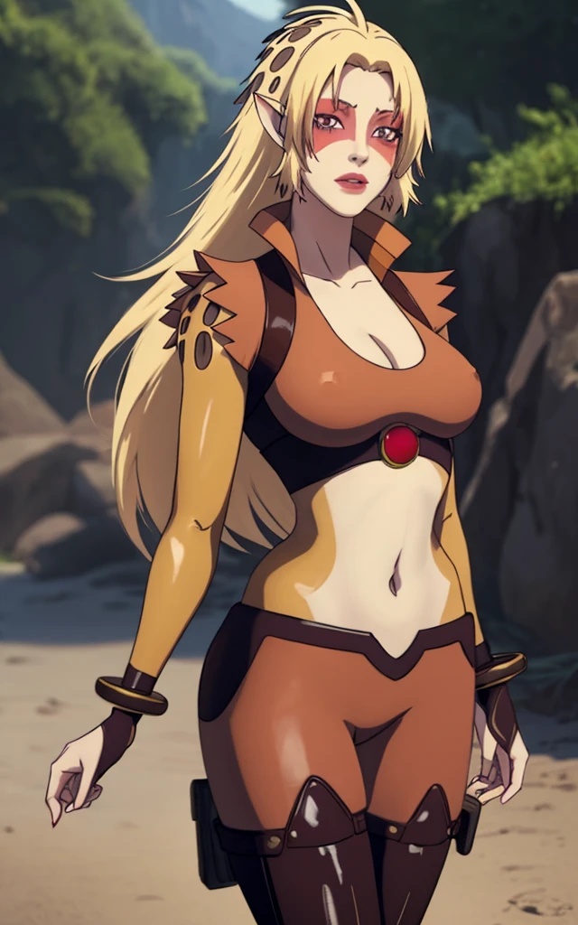 ((BLACK BACKGROUND1:2)) masterpiece, best quality, high quality, 1solo white SKIN, long hair, blonde hair, yellow eyes, full body, black bikini, looking at viewer, shiny, black thighhighs, high boots,shoulder armor, faulds, poleyn, gloves, gauntlets, FEET TOGETHER STANDING SYMMETRICAL, Roxxane female big knockers bikini