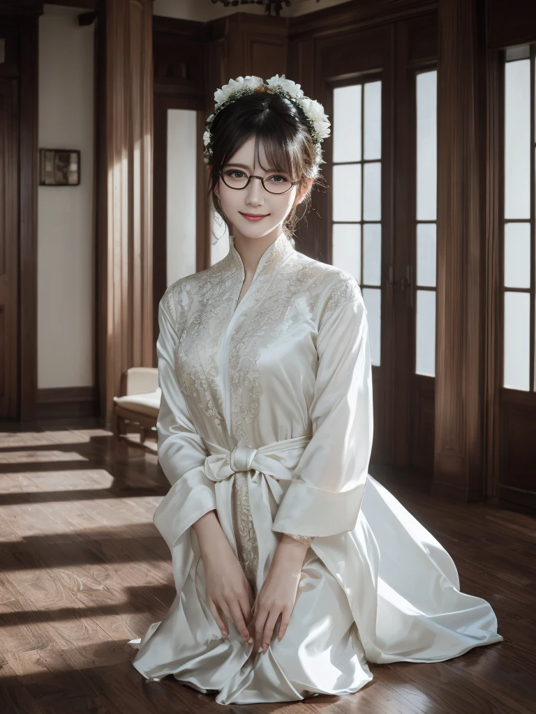 Glasses, intellectual, long, conservative, dressed, Chinese woman gentle and loving, caring for her family, a mother who likes to shepherd lambs and plants