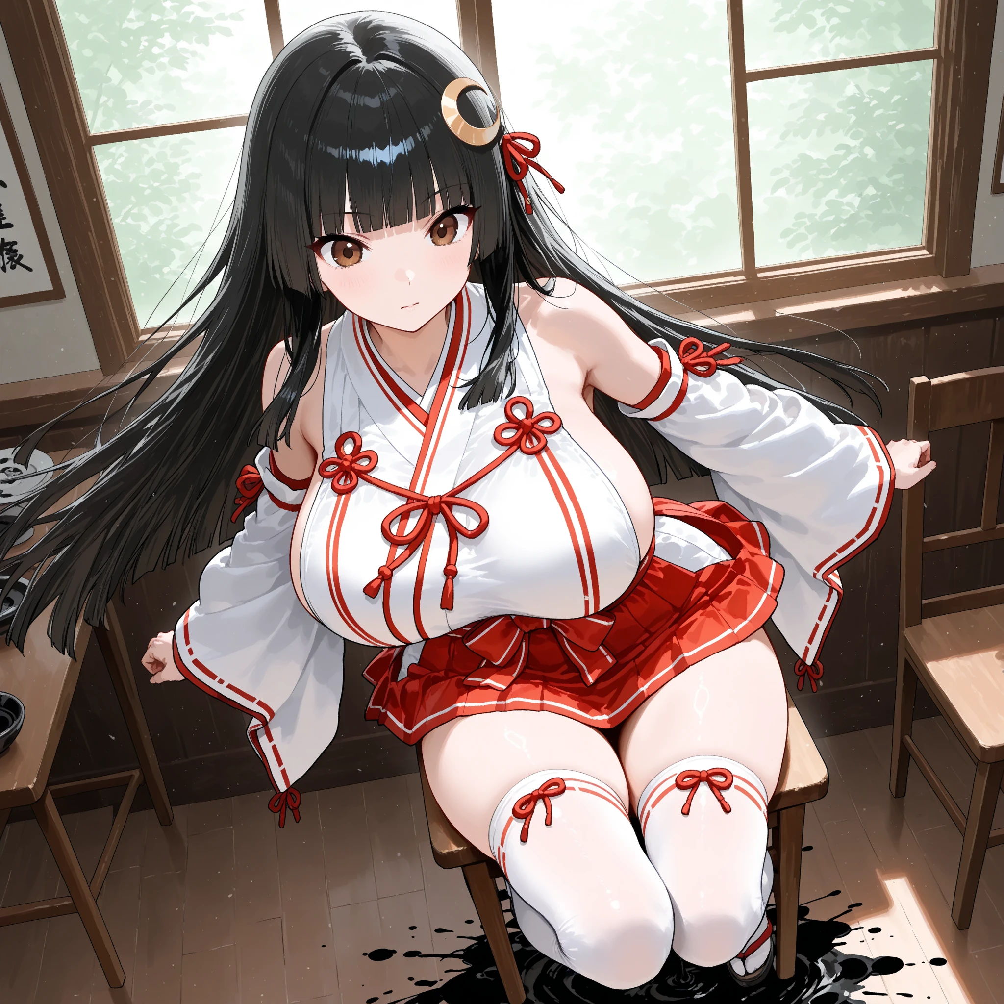 dotamirana, best quality,best animated,masterpiece, 8K-Illustration, Hyper Detailed, perfect anime illustration, ((suspension)), ((feet off the ground)), ((1girl)), ((solo)), arms behind back, ((full body)), upper body leaning forward,bondage,shibari,breastbondage,pussy juice , bound legs, wrists behind waist, rope bondage, shibari over clothes)), hands behind back,in the jail,jail,
breasts, leggings, looking at viewer, solo, score_9, score_8_up, score_7_up, source_anime, game cg, harunakainiKC, long hair, skirt, hair ornament,thighhighs, hairband, detached sleeves, japanese clothes, hairclip, red skirt, headgear, ribbon trim, nontraditional miko, ribbon-trimmed,parted lips,