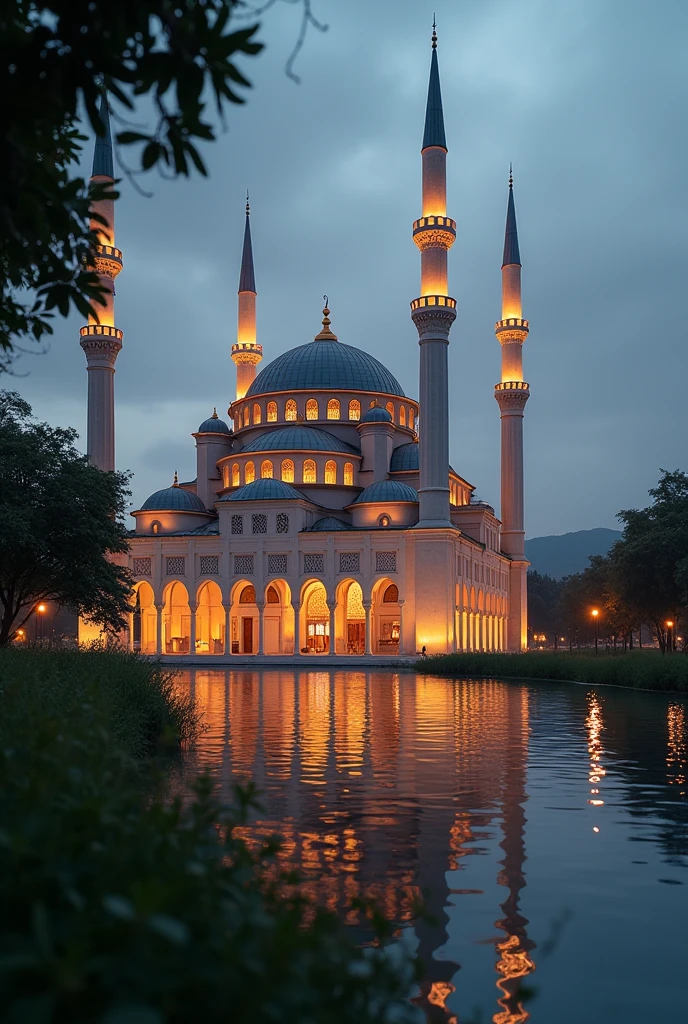 mosque, beautiful, exterior, trees, sexy girl, river, night, (((stars in sky)))