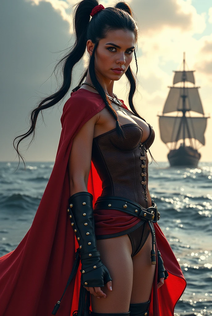 masterpiece, (Realistic:1.5), Highest quality, Beautiful lighting, Real Life, boa hancock, (only solo people ), 2 or more people NG, (perfect anatomy) , beautiful , , , , ,  , , large breasts , Cleavage, Slim waist, smile, , standing alone , Sweat-soaked skin, , , , , , , , , , , , , , blue sky, cloud, big pirate ship on the sea,  , , , Complex, Attention to detail, Sharp focus, dramatic, (RAW Photos, 8K Ultra HD, Film Grain), Caustics, Scattered beneath th
