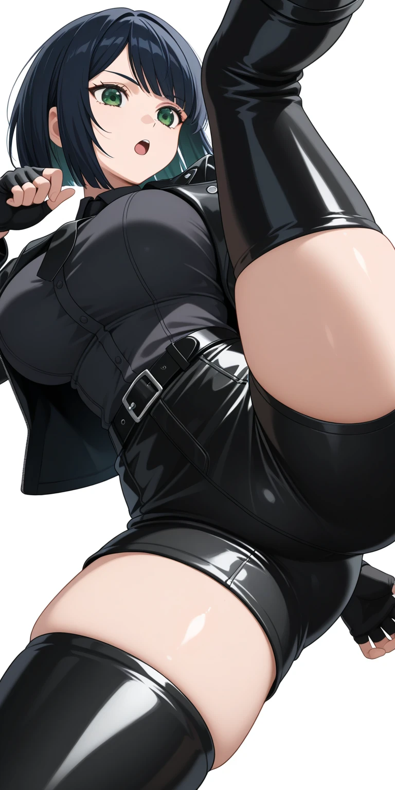 muste piece, best quality, 1 girl,brown hair, (black eye:1.2)、((No sleeve))、((embarrassed expression))、((full moon))、((Photo from below))、(((thigh high boots)))、((short hair))、((mini skirt))、((blouse))、((C cup breasts))、((spread legs))、((Jill Valentine))、(((Brown pantyhose)))