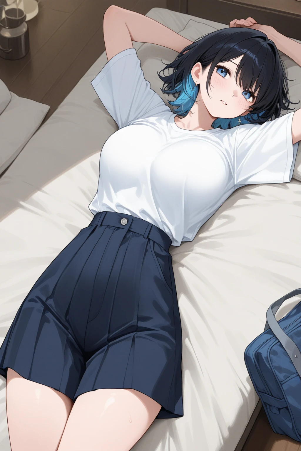Misato katsuragi, small breasts, erect nipples under shirt, shirt, unzipped shorts, pussy, pussy juice, pubic hair, lying on the floor, sleeping, after party