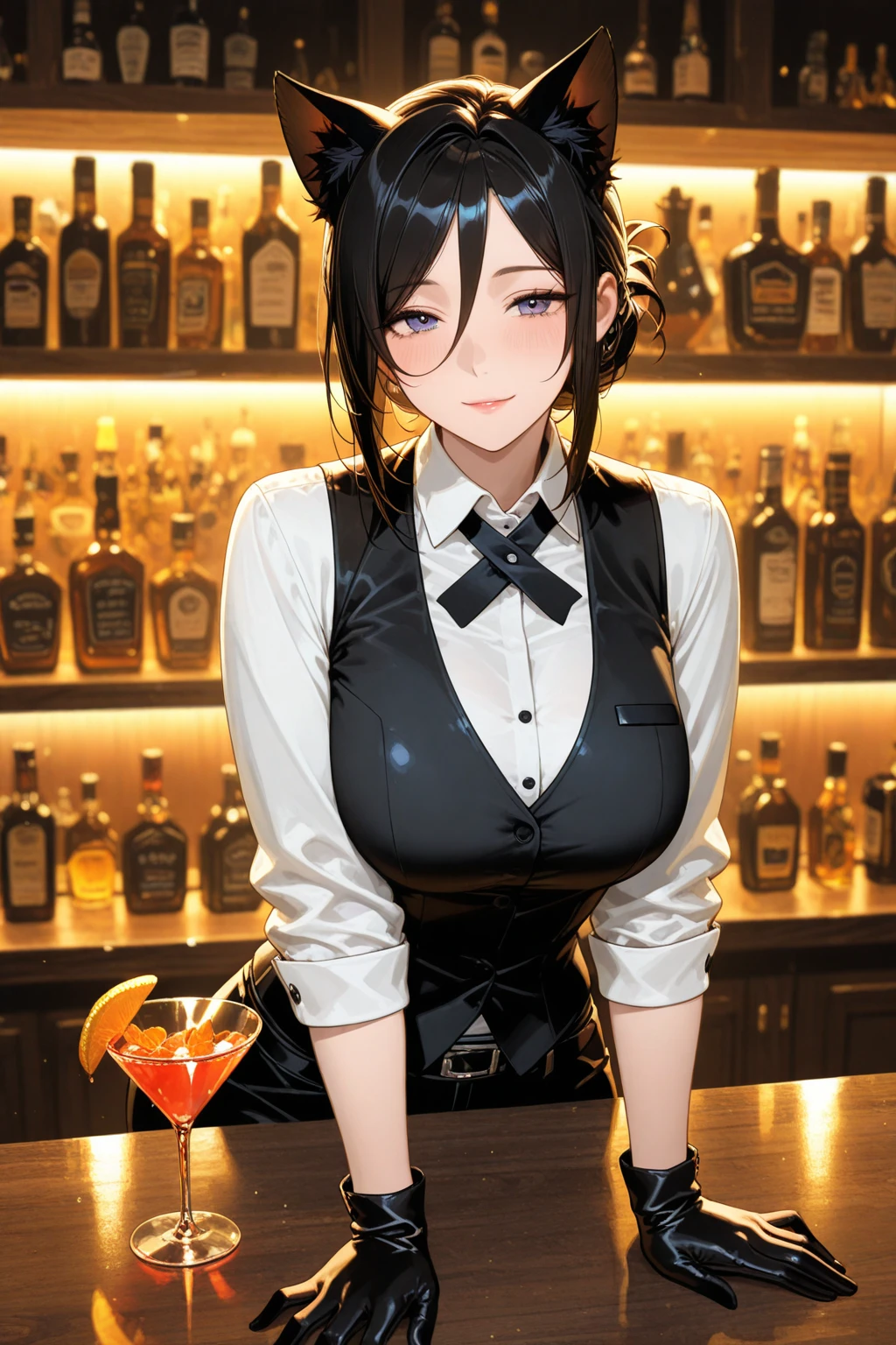 kiko, short hair, hair over one eye, asian, tanned skin, tanned, 35yo, mature woman, milf, serious, mad, dangerous, white female suit, cleavage, big breasts, suit pants, standing, serving drinks in a bar top of a casino, shiny design, cristal design, diamond pattern, elegant waitress