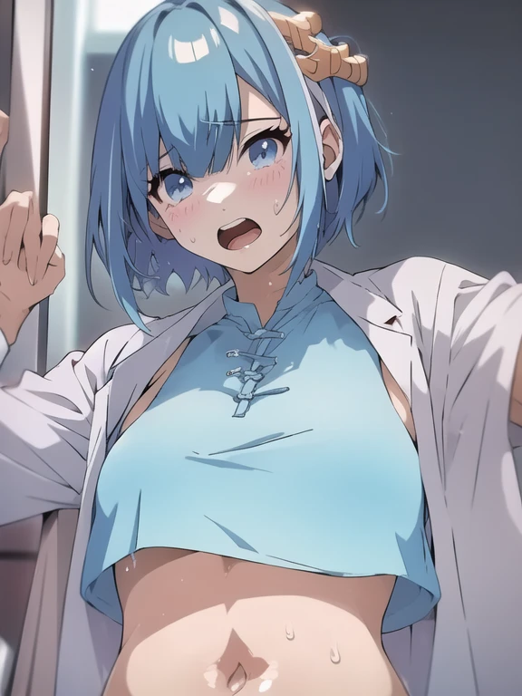 masterpiece, best quality, high quality, exquisite, beautiful, short hair, aqua hair, aqua eyes, tsurime, slant eyes, pale skin, shiny skin, huge breasts, glamorous, voluptuous, curvy, school uniform, (((navy leotard,))) (((white lab coat,))) ((((glasses,)))) teenager, (((black thighhighs,))) ((((torn clothes,)))) ((tearful,)) embarrassed, (((lying on back,))) ((blush,)) (((painful scene,))) ((((Scene of Defeat,)))) ((closed eyes,)) ((open mouth,)) bleeding, bloodshed, bruise on face, (((nsfw,)))