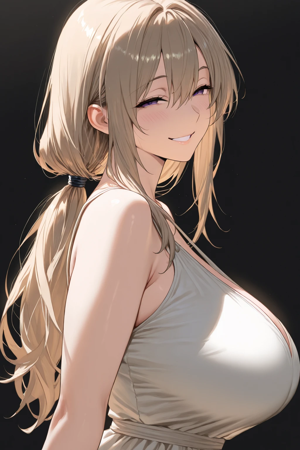 slender, mature female, 1girl, breasts, blush, braid, long_hair, rating:safe, large_breasts, blond_hair, cleavage, swimsuit, looking_at_viewer, open_mouth, speech_bubble, indoors, yellow_eyes, solo, smile, eyebrows_visible_through_hair, collarbone, bangs, white bikini, window, bare_shoulders, brown_eyes, swept_bangs, nose_blush, :d,