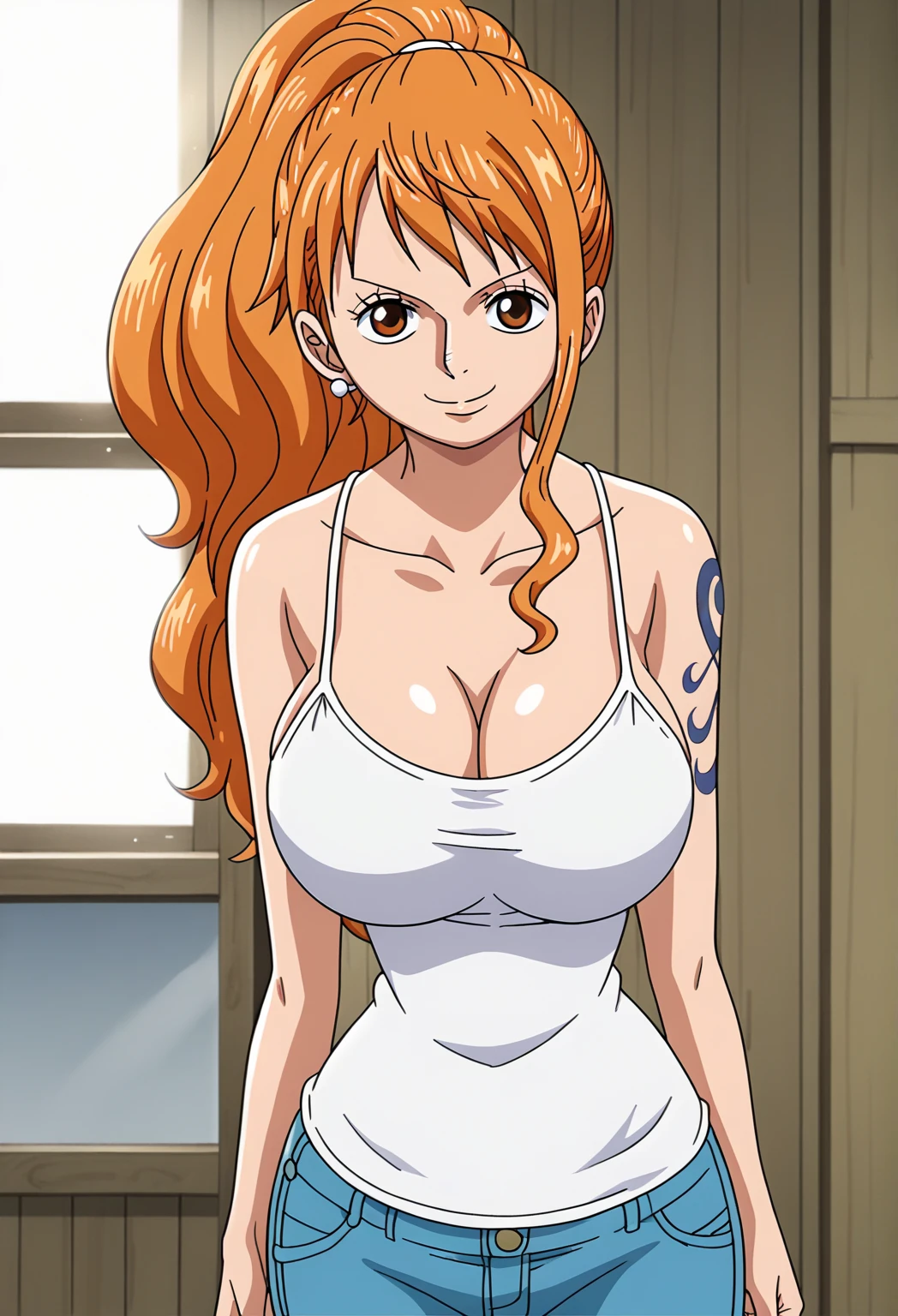 Nami from One Piece naked, orange hair girl, small waist and big breasts, standing, seductive look