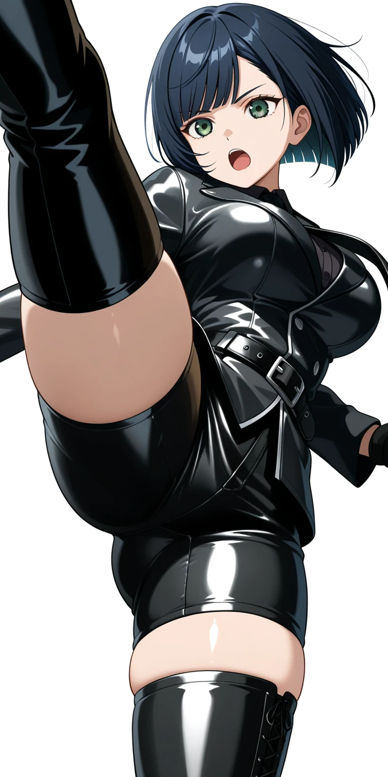 A woman with brown hair,A long mouth sticks out of the tongue,Wearing a black dress,exposing thighs,huge tit