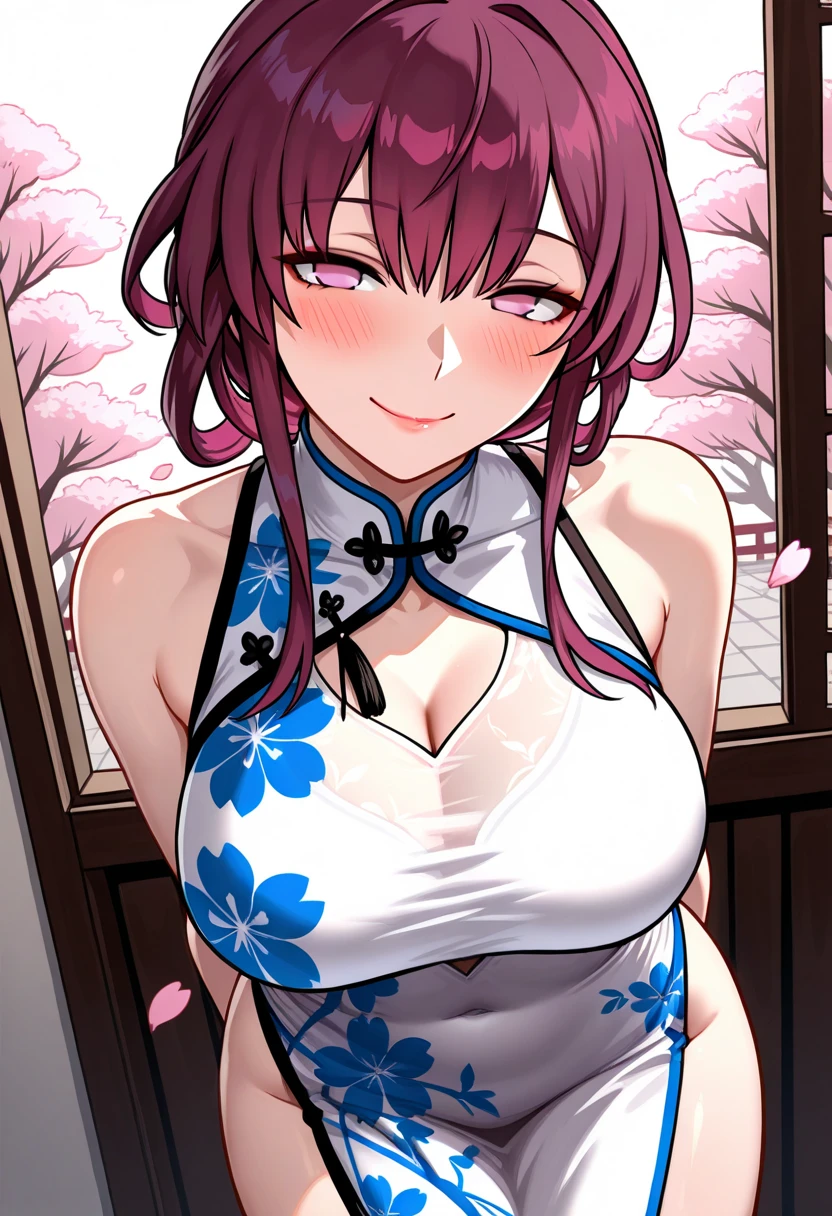 (highest quality, High resolution, perfect pixel, Depth of the bounds written, 4k), beautiful anime girl, beautiful art style, 
looking at the viewer, 
perfect body,  

Yuigahama Yui, short hair, hair buns, 
large breast, 
(blush all over the face),smile, open your mouth, 
 
bedroom, 

(oekakizuki china dress), thighs, 
