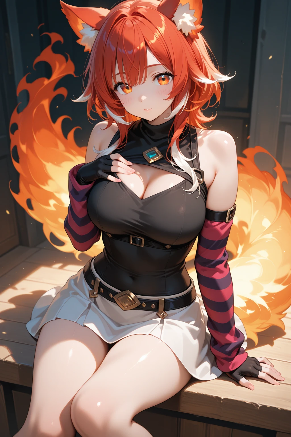 Vulpe woman, orange hair, fox ears, fox tail light skin, curvy, black choker, round shape face, tareme purple eyes