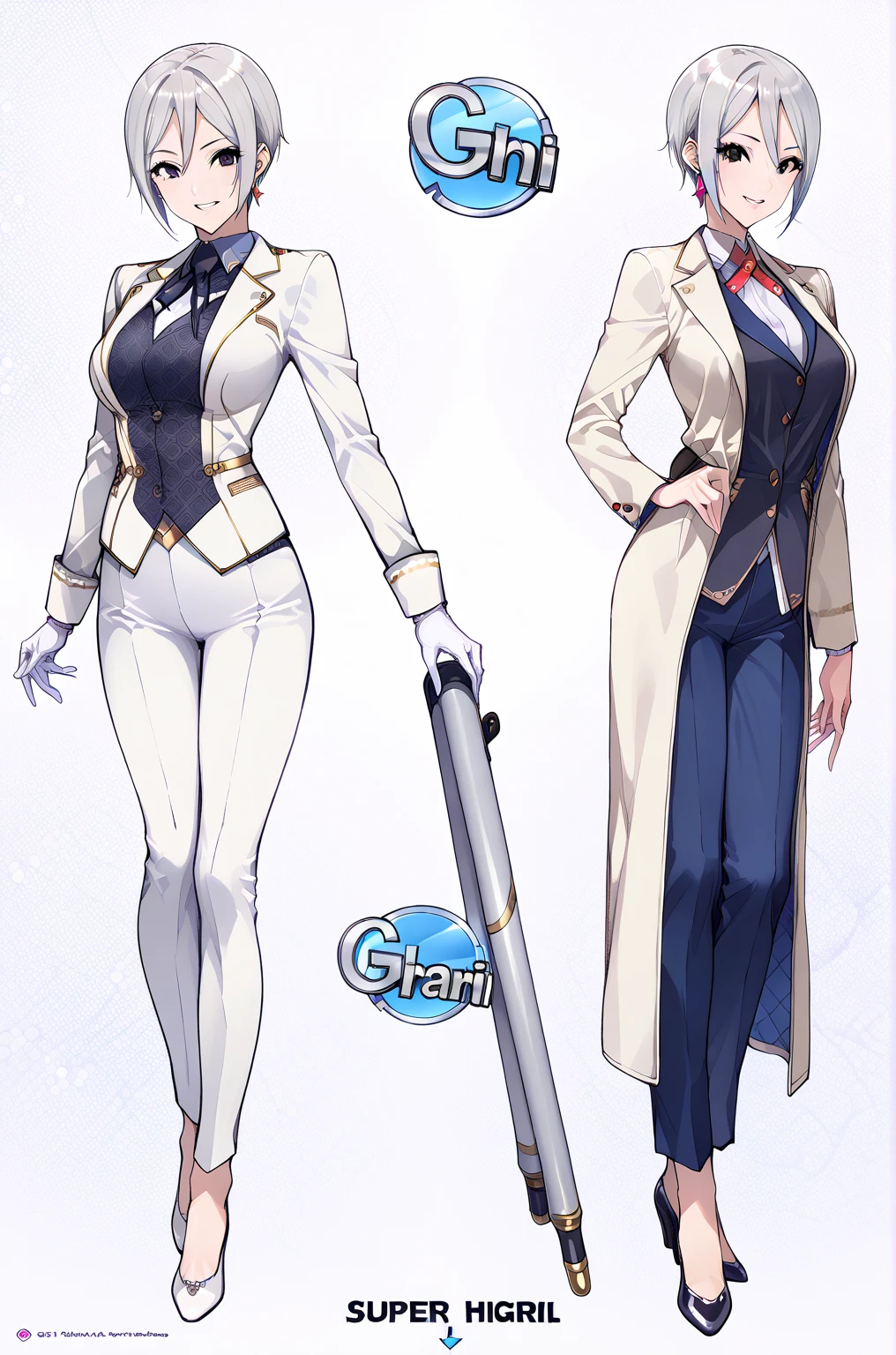1girl, Creat a model sheet for Jackie a muscular vampire, with white curly hair with a blue tie on top of head as a high ponytail,six pack, thick arms fangs, red eyes, on panties, big chest, serios look,