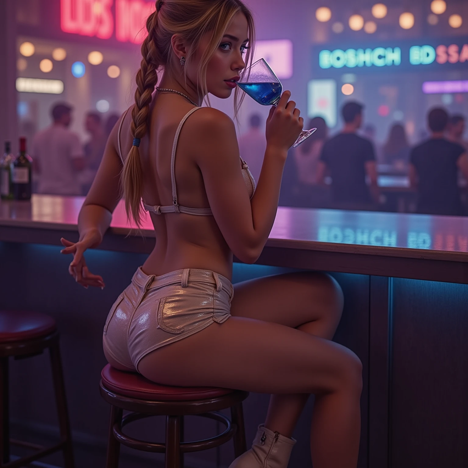 beautiful woman. militär, blonde curvy ponytail. sexy. cyberpunk, neonlights, future. leder. babe, big booty, curvy. sitting in a bar looking up in the cameera. perspective from hidden surveilance camera