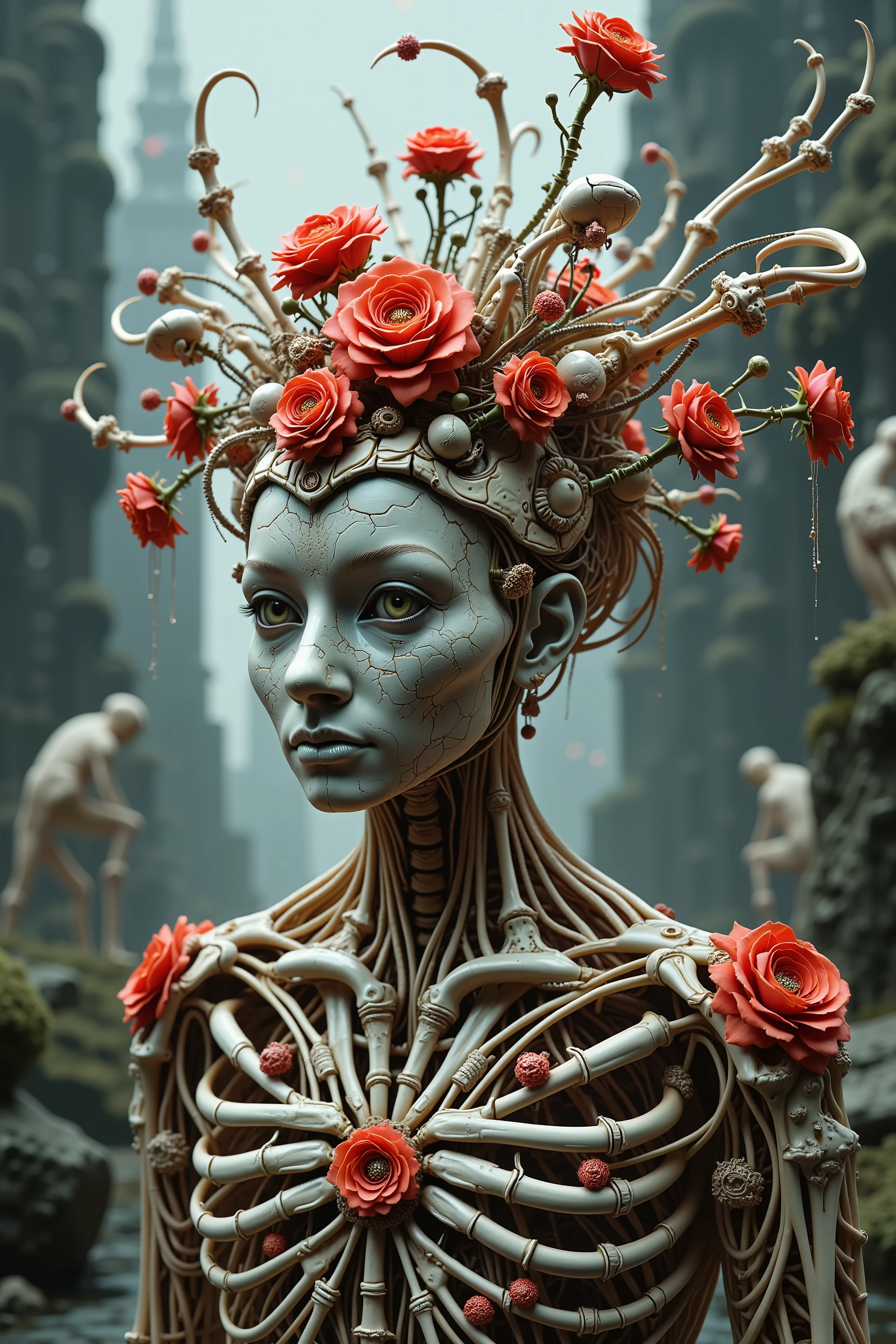 Ultra-realistic, photo-realistic, cinematic photography, realistic, hyperrealistic. A striking figure with an intricately elongated and skeletal body that creates a dramatic and surreal impression. The skin is pale, almost ghostly, stretching over the sinewy structure of the shoulders and neck, while the visible ribs emphasize a skeletal motif. Soft lighting highlights the porcelain-like texture of the skin, which is adorned with a series of elegant metal ornaments along the shoulders and arms. The deep red attire, frayed and ornate around the edges, contrasts starkly against the pale skin, adding a pop of color and enhancing the eerie mood. Wisps of hair cascade in waves, adding softness to the overall angular and macabre composition. The atmosphere is one of haunting elegance, with a somber undertone that blends elements of fantasy and the grotesque. There is a woman with a strange head and a body made of flowers, 4k highly detailed digital art, humanoids overgrown with flowers, organic growth, organic waste never goes to waste, fungi and mold like spores inspire humanoid flora, 4 k highly detailed art, 4k detailed digital art, mechanical vegetal cyborg, detailed painting 4 k, detailed fantasy digital art, detailed macabre fantasy art, highly detailed fantasy art, psychedelic organic cyborg In a surreal, fantastical portrait, an intricate humanoid figure stands surrounded by a lush garden of vibrant roses. The figure's form is a complex, mesmerizing blend of organic and mechanical elements, with skin resembling ivory porcelain intertwined with a network of exposed wires, gears, and botanical motifs. The head is adorned with an elaborate headdress of bones, cables, and roots that are exploding into colorful circuits and wires and bizarre wired foliage, creating an intricatevotherworldly crown. Large, wide-set eyes and a skeletal grin give the face a haunting yet whimsical expression. Brightly colored flowers and ornaments are embedded in the nearby bones, adding an enchanting touch of life. The wires replace the stems of the foliage, and liquid chemicals steam in the heat, turning much of the matter a white phosphorescent color. The background features a fairy-tale/ dystopian pale and chemical burnt landscape with distant, whimsical towers and soft, ethereal lighting that glows in chemical fogs and complements the serene, almost dreamlike ambiance. Bones of animals and humans are everywhere here. More death than time for complete decomposition. The scene captures an exquisite blend of nature and machinery in a symphony of artistic imagination, evoking themes of transformation death, and the merging of humans, cyborgs, robots, technological engineering and the natural world. A female entity existing presents the solemn glowing of her pale skin and ghostly presence. Her body reflects and complements light that dances over the stone textures and the mold growth architecture of the setting. This gothic atmosphere is filled with shadows and depth, enhanced by the stones and scattered bones around her, evoking a somber, introspective mood. The interplay of light and shadow is captured beautifully, creating an evocative and intriguing tableau.A striking figure with an intricately elongated and skeletal neck creates a dramatic and surreal impression. The skin is pale, almost ghostly, stretching over the sinewy structure of the shoulders and neck, while the visible ribs emphasize a skeletal motif. Soft lighting highlights the porcelain-like texture of the skin, which is adorned with a series of elegant metal ornaments along the shoulders and arms. The deep red attire, frayed and ornate around the edges, contrasts starkly against the pale skin, adding a pop of color and enhancing the eerie mood. Wisps of hair cascade in waves, adding softness to the overall angular and macabre composition. The atmosphere is one of haunting elegance, with a somber undertone that blends elements of fantasy and the grotesque. Ultra-realistic, photo-realistic, ultra-detailed, realistic vision, hyperrealism, sensual suggestions, unsettling atmosphere, horrorific fantasy, disturbing visuals, abstract biomechanical art, cinematic photography, surrealism, asthetically incredible, icon style, different type of art, avant-garde images, unique, innovative, striking, captivating, iconic characters, masterpiece