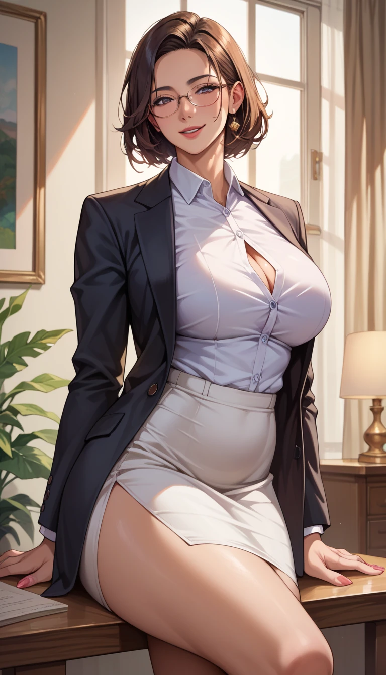 Raw photo, 1 girl, incredibly absurd, 30 years old, beautiful girl, (cute), (short hair), photo shoot, realistic, written boundary depth, High resolution, Super detailed, delicate, very detailed, highly detailed eyes and face, sharp pupils, Realistic OL, sharp focus, LED lighting, Eye and face details, (Velvet Blazer), mini skirt, cowboy shot full body, (wind lift:1.6), camel toe, sit in an office chair, M-shaped spread legs, lace underwear, stare, (Big breasts that are about to burst), close, perfect body, shot from below