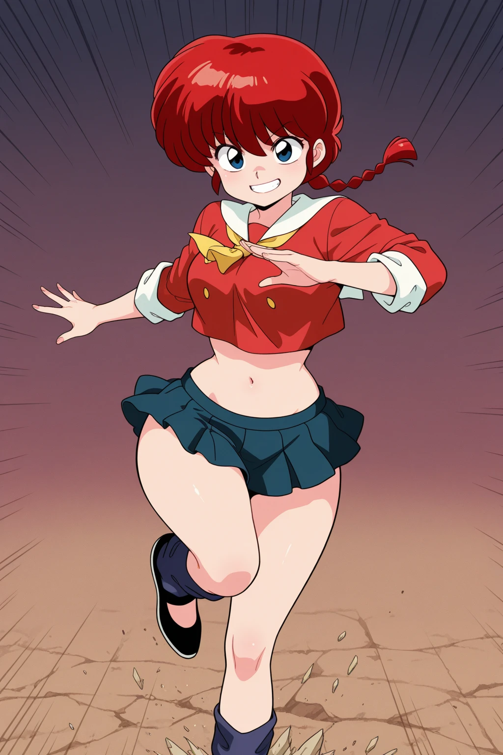 ((((masterpiece)))), high quality, very_high_resolution, large_filesize, full color, heavy outline, clear outline, colorful, (beautiful detailed eyes), (beautiful face:1.3), boyish face, 1 girl, (femaleranma), (red hair), short hair, (braided ponytail), ((bangs)), bumpy bangs, blue-gray eyes, big breasts, curvy, completely nude, black-wristbands, (standing), hand on hip, front view, full-face blush, cameltoe, pink striped sports bra, pink striped pantie, ((Chibi:1.3)), 1girl, solo, cute, young sister, (red har, single braided ponytail hair), (jitome, fangs, open mouth), ((ranma-chan)), ((outfits:chinese clothes)), dynamic angle, exciting, takahashi rumiko, 1990s \(style\), retro artstyle, watercolor\(medium\)
