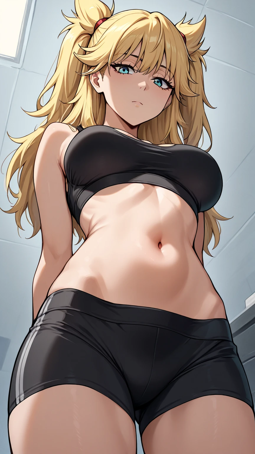 Yuki tsukumo from jujutsu kaisen, long hair, blonde hair, front view detailed body, long belly, big , tight body , thicc medium breast , thicc thighs, standing , front shot, facing at viewer, looking at viewer, facing at viewer, crop top, black tank top, navel, dolphin shorts, pantyhose, standing, gym, indoors,