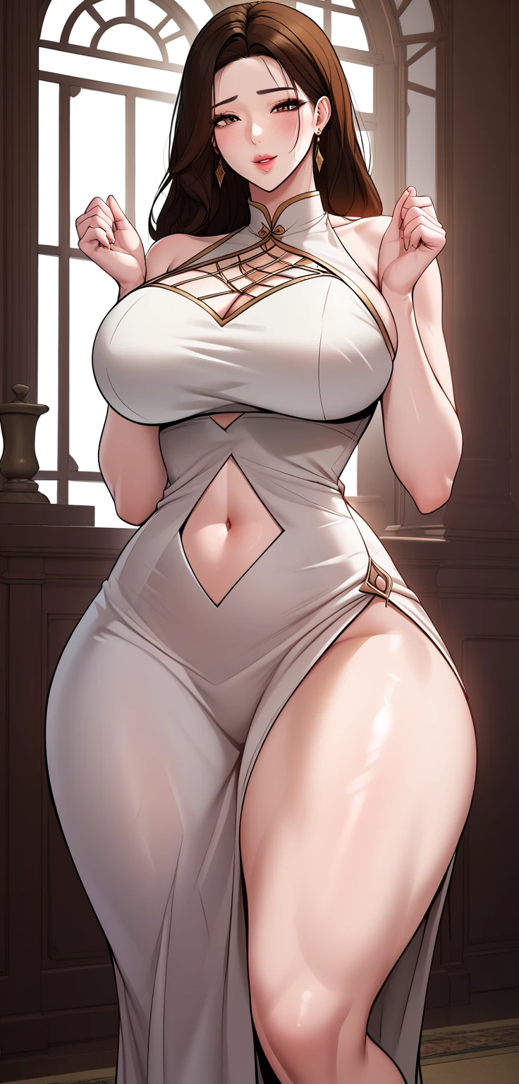 a voluptuous sexy busty mother who is insanely and extremely sexy cute pretty voluptuous beautiful pretty curvy busty hot sexy with an extremely shiny glass SNOW FAIR WHITE LUSH SILKY smooth lush plump glass glowing skin and perfect round cleavage and her INSANE tight perfect hourglass figure, her wide soft hips, and her skinny lush soft plump arms and her big soft plump perfect round thick BIG ass with her bright SNOW FAIR LUSH plump round cleavage and her glowing fair shoulders along with her shiny GOLD long YELLOW BLONDE hair untangled and open hiding one of her eyes with her extremely insanely god tier cute irresistible smile kind gentle look on her charming pretty face with her big shiny bright stunning blue eyes and her shiny black eyelashes and her two bright pink blushes and her bright pink puffy lips on her face and her pink shiny nails, looking at the viewer. The woman has no wrinkles, no tattoos, no signs of anything that's not unattractive but just raw god's given absolute irresistible other-worldly god-tier beauty possessing the most irresistible charm and beauty in all of mankind's history and future as she's the peak and epitome of a woman's elegance and feminine and her insane, impossible, and unimaginable levels of beauty the woman has, the woman stands straight in an alluring sexy feminine pose with her shiny yellow high heels along with a red ribbon and small stars and a piece of small jewelry hanging on her hair with a piece of golden jewelry on her smooth lush snow fair clean tender soft smooth neck and gold bangles on her wrist and gold anklets with small bells on her two feet and gold earrings on her lush fair white fair ears and a gold belt on waist, flowers on hair, standing, eyes wide open, show full body, she's wearing a bright purple revealing sexy short dress, tons of shiny jewelry, wooden hallway background
