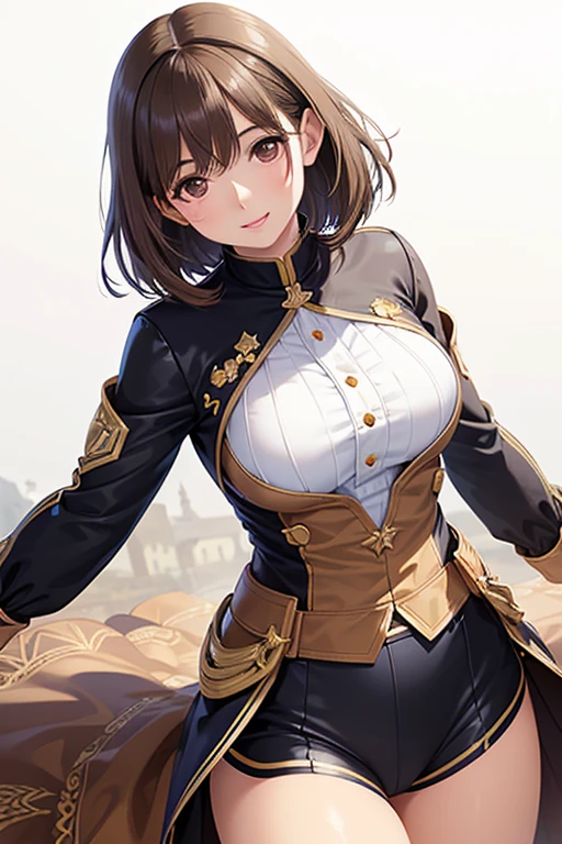 masterpiece,highest quality,Super detailed,8k,expensive,woman,medium hair,wavy hair,brown hair,hair clip,brown shoulders only,removed sleeve,belt buckle,black tights,strapless,I really like it,Pause(hands behind one&#39;s back、Staring eyes)