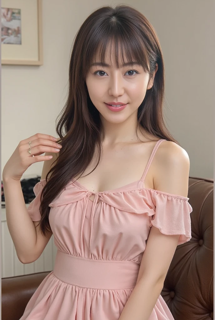 ((masterpiece: 1.4, best quality))+,(ultra detail)+, official art, unity 8k wallpaper, ultra detail, beautiful, high quality, Highlight your cute face,  masterpiece, best quality, semi straight medium length hair, (brown eyes, brown hair), bust, looking straight ahead, laugh, Swimsuit model in pink and white pattern, (bust:1.3)
