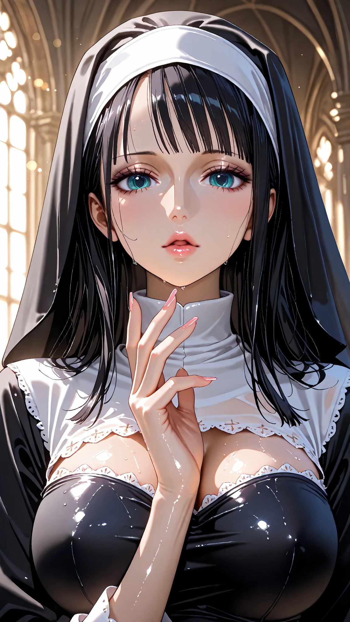 (masterpiece: 1.3), (Maximum resolution: 1.2), (Ultra High Definition TV: 1.2), Cinematic Light, 8K resolution, Detailed facial features , (Sharp focus: 1.2）, (Focus on the face:1.2),Perfect Style, Beautiful Face, Acura, Anatomically correct, Highly detailed face and skin texture, Beautiful Eyes,Beautiful Eyes, Thin eyebrows, Glitter Eyeliner: 1 Natural Cheeks, Glowing Skin, Fair skin: 1.2, (Glossy Lips: 1.4),、 (Embarrassed look: 1.2),Highly detailed face and skin texture, Natural Cheeks, , Glossy Lips: 1.4,Perfect Style、Cleavage、Soft Breasts、（Semen on chest:1.4）（Cum on thighs 1.2）、 Overflowing sperm、Dripping Semen、Drenched in sweat、Wet clothes、blush、A humiliating look、Anxious expression、Frightened expression、Embarrassed look、Glare、anger、sorrow、tears、Open your knees、Spread your legs、 White underwear、necklace、Disheveled clothes、White panties、sweating、Thin underwear、stockings、32 Talent、 Neat, Mature Woman,1 person、 Upward-facing chest, In the desolate forest、Black Hair、blonde、Silver Hair、Blue-gray eyes、Greenish-gray eyes,(Nuns&#39;clothing:1.8)、Shortcuts、