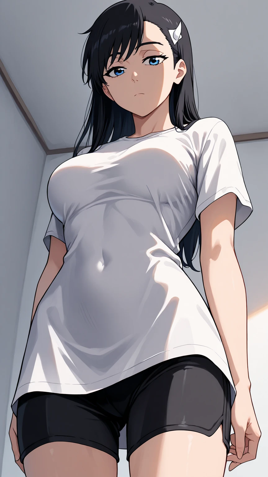 ultra-detailed, masterpiece, best quality, high resolution, female, flashing belly, showing a glimpse of navel a little, wearing a long t-shirt, lifting up shirt a little, from below, looking down on