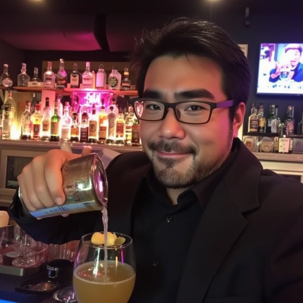 Asian male, artist, 40 years old, curly hair, thick eyebrows, angular features, big eyes, with glasses, slightly rounded nose, slightly larger mouth, slightly thicker lips, beard, blue long-sleeved shirt, half-body, smile, holding a small liquor glass, looking at the liquor glass, a look of enjoyment intoxication, movie quality, 8K ultra HD
