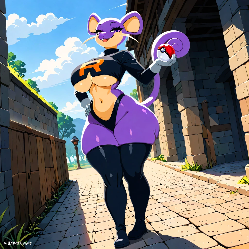 masterpiece, best quality, risky, ((blue skin:1.1)), pirate hat, choker, wrist cuffs, hoop earrings, bustier, belt, purple pants, full body shot, furrowed brow, ocean, pirate ship, boots, ((gigantic breasts:1.5)), ((underboob:1.2)), (loose pants), low rise pants, ((giantess)), taller than building
