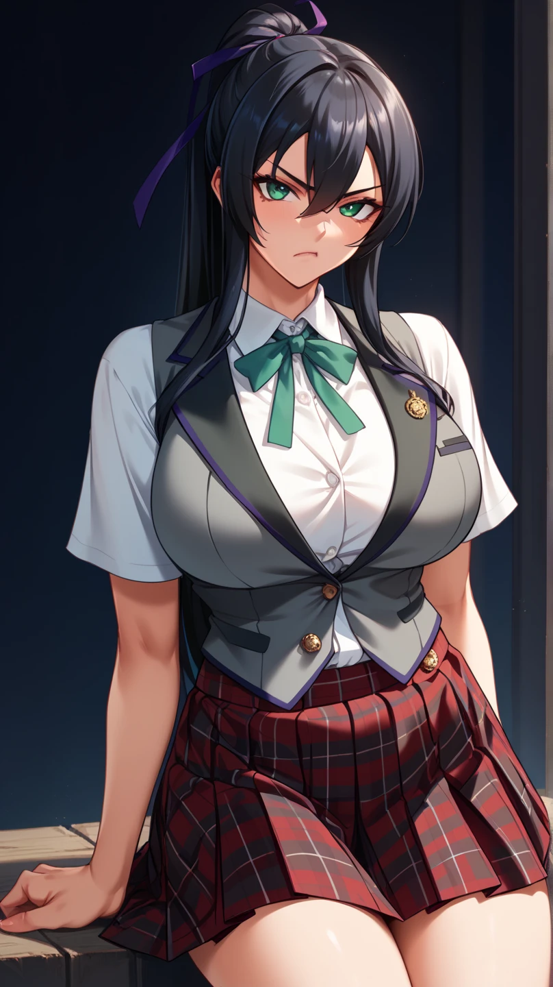 (masterpiece, best quality, ultra detailed, hyper realistic, photo),delicate pattern, detailed background, uncensored completely,
1raiden shogun, cowboy shot, japanese girl, class room,
school uniform, loose collar, skirt, looking over eyewear,
hair between eyes,
put up index finger and one hand on hip, angry with puffed cheeks,
from above, leaning forward,