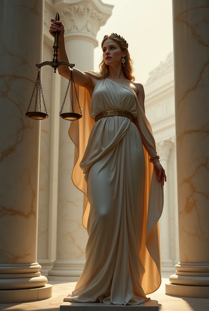 Woman in white ancient Greek clothing holding the scales of law in her outstretched hand in front of the court