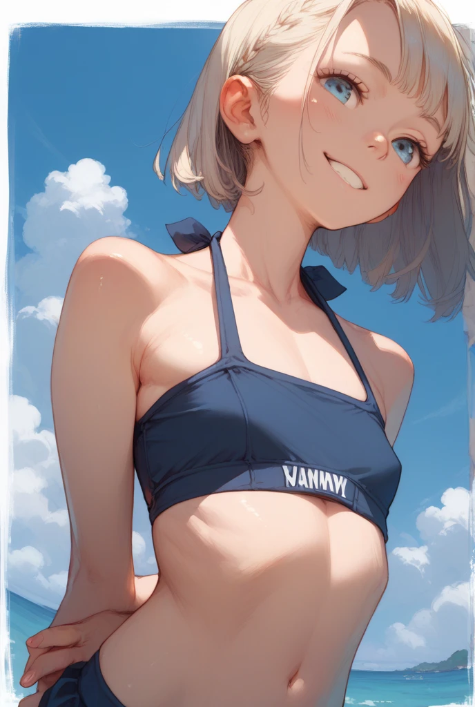 beautiful, masterpiece, Highest quality, anime, One girl, C Cup,Portrait Shot, View your viewers, Covered、Short Hair、nearby、Blue Eyes、art、、White hair,Blue streaked hair、hairpin、Cute smile、Thighs、Cute、Sweat、navel、Armpit、Underboob、Red lace_Micro Bikini、