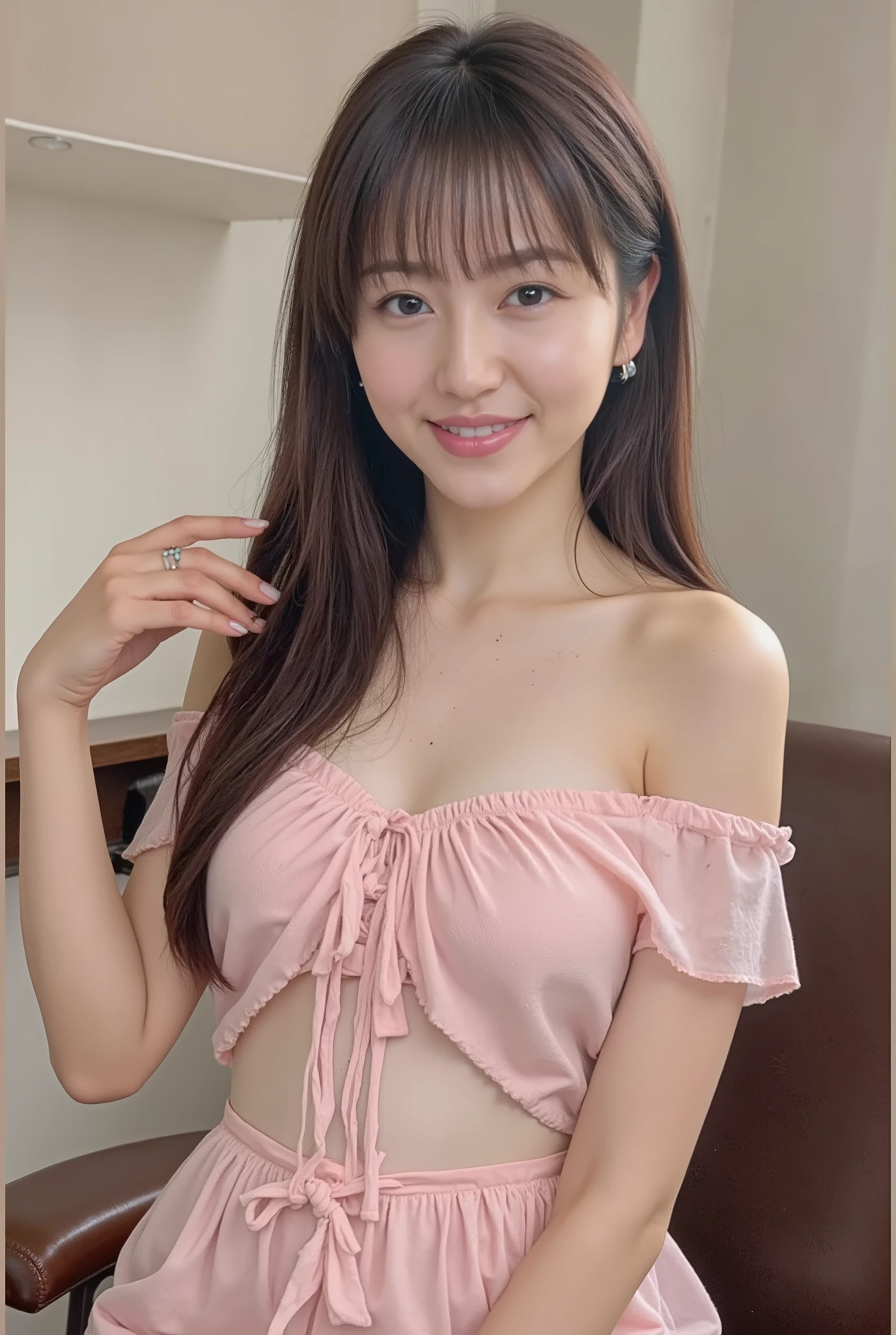 frame in, from right in front of face and body, full body, High quality, very high res, High quality, cute girl, (straight hair:1.2), black hair, forehead, medium hair, parted bangs, looking at viewer, (nude:1.2), (flat chest:1.2), pale pink nipples, (pink floral pattern fluffy skirt, smile, (cross arms in front), standing