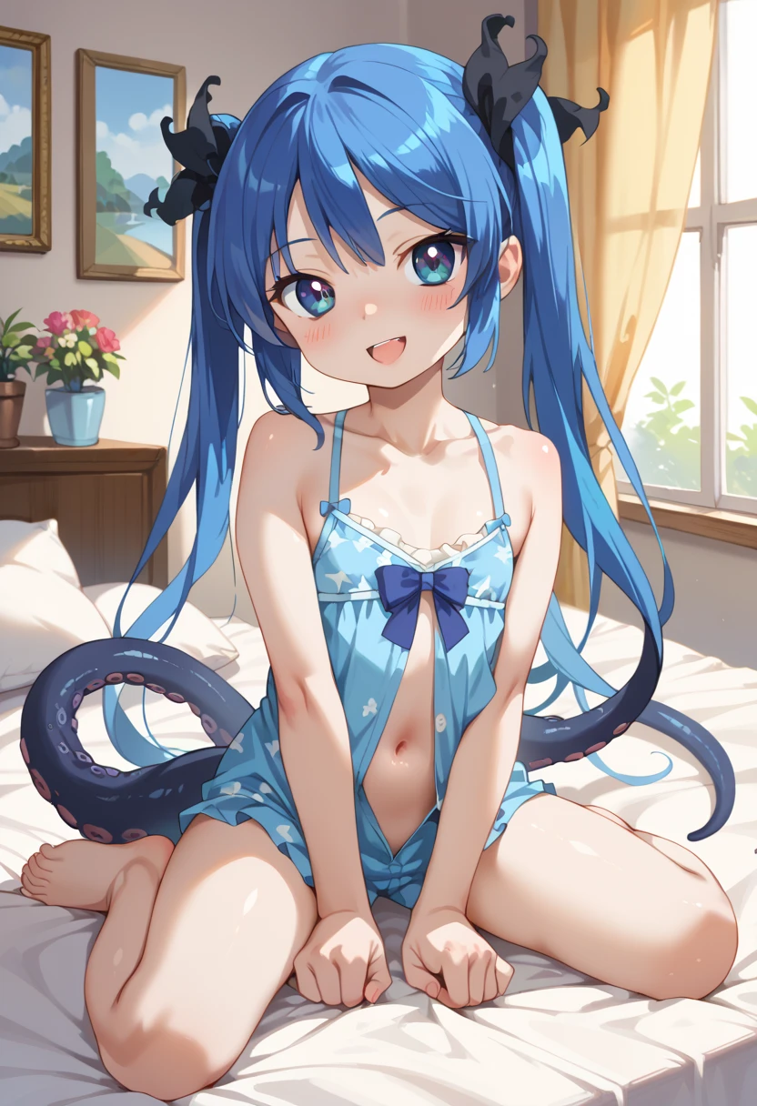 (Best quality, 8k, 32k, Masterpiece, UHD,:1.2),RAW, 1girl,ultra cute , natural lighting,transparent shining eyes, 20yo ,fair complexion, long hair, french braid, flushed face,femur, blue hair, cat ear, long hair, half updo, ((blue bra and panties:1.3)), ((all fours)), From Below, medium breast, Emphasizing the Cleavage, cool, sexy, lace trim, lace Details, nude, naked, on bed, shiny, wedgie, heart mark, ((cat tail)), Closeup shot