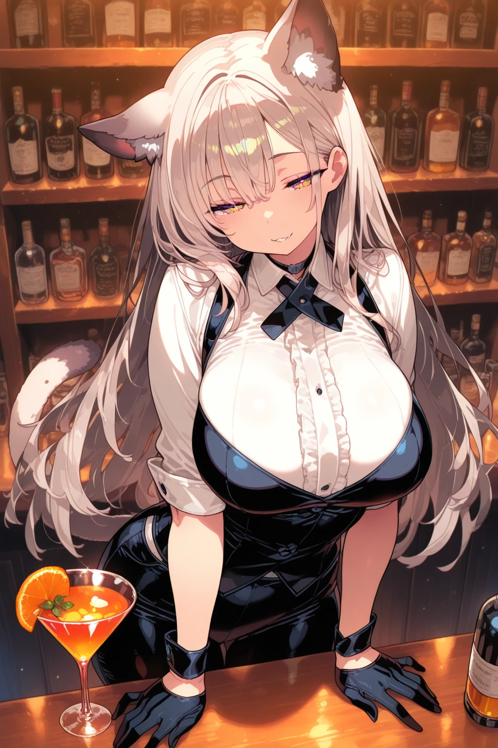 (masterpiece,best quality,very aesthetic),(disheveled hair)(ultra-detailed),1girl,solo,curvy,a platinum blonde fox tail,large breasts,(platinum blonde fox ears),short hair,platinum blonde hair,beautiful face,(messy hair),(disheveled hair),hair intakes,(fusion of gray kimono and white ultra highleg playboy bunny,bow tie,Layered clothing with white on both sides and black on the inside:1.2),loose chest,bare legs,luxurious decoration,(cameltoe:0.8),enjoyable,alluring smile,exciting,cheerful,brown foxy eyes,serving cocktail,standing,serving japanese sake bottle,japanese banquet hall,table,zabuton,cowboy shot,POV,leaning forward