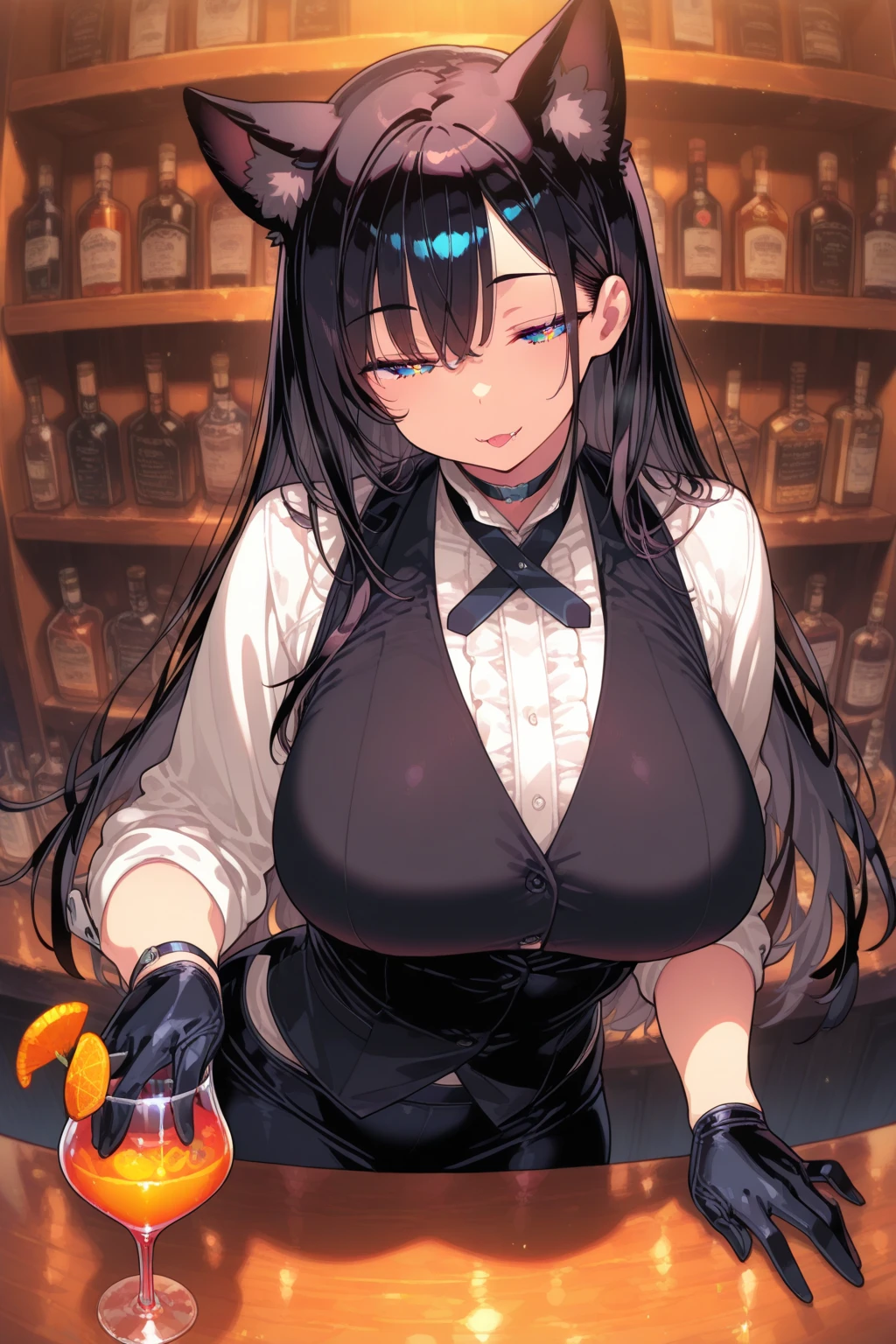 (masterpiece, top quality, detailed drawing, beautiful hair, beautiful eyes, perfect face, perfect anatomy), crowded bar, short twin tails hair, black hair, very baby face, droopy eyes, heterochromia, pink eye, orange eye, (very huge breasts), height 145cm, 13 year old girl wearing big bunny ears, smiling and carrying drinks , (((super very very sexy and minimum bunny-girl outfit))), smiling and serving drinks