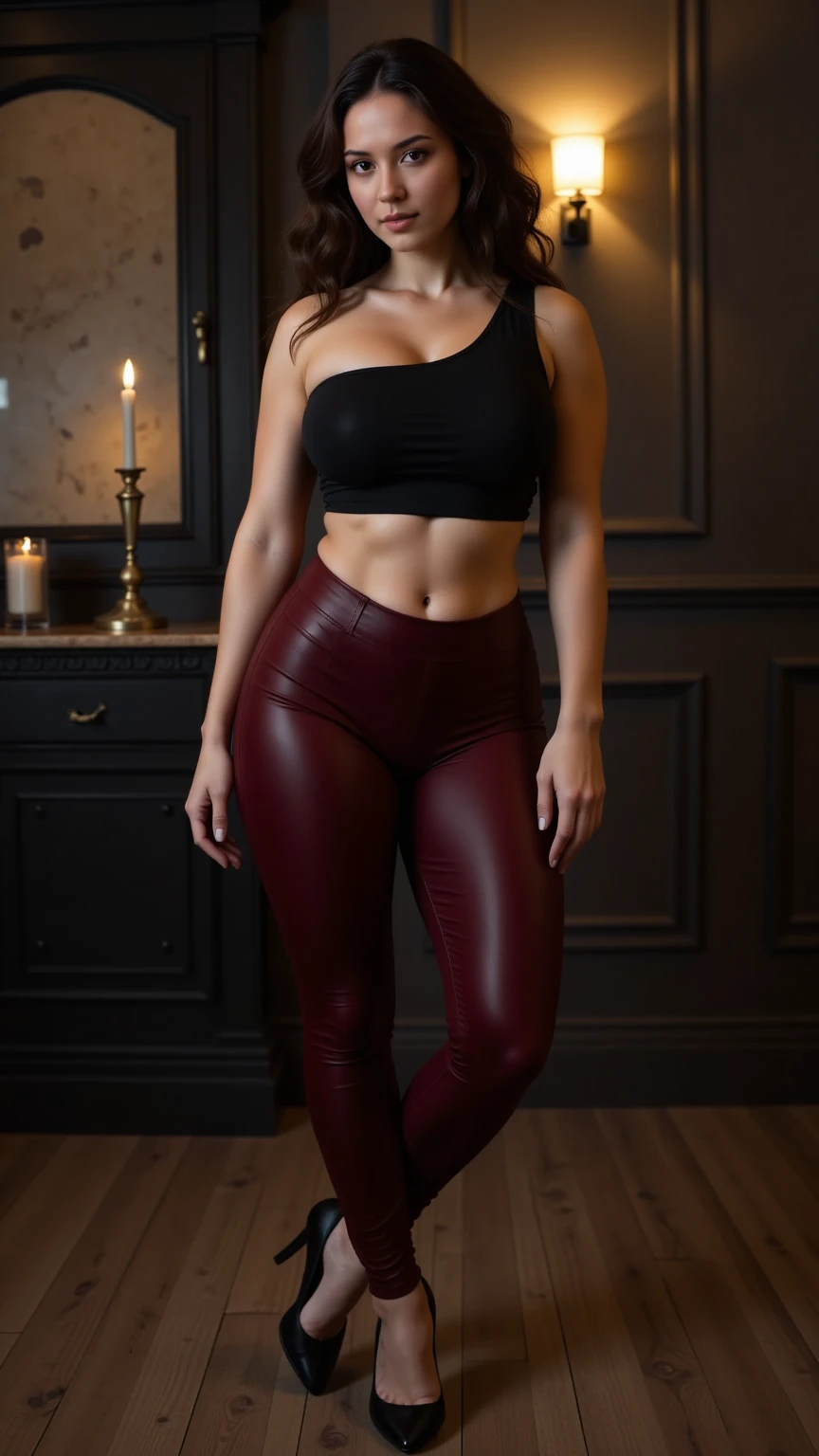 Mature wearing red leggings:1,red crop top:1, high quality,4k, full body,small size breasts,