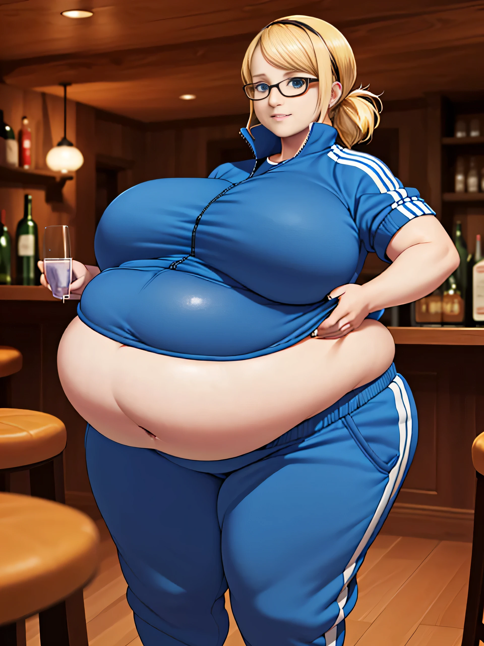 Drinking beer(Morbidly obese:1.2)Lustful, horny, hard blushing, parted lips, burping, looking at viewer, , 1girl, solo, mercy (overwatch),breasts, blue eyes, blonde hair, (gray sweatpants), white t shirt), lazy, slouching on couch, modern living room
