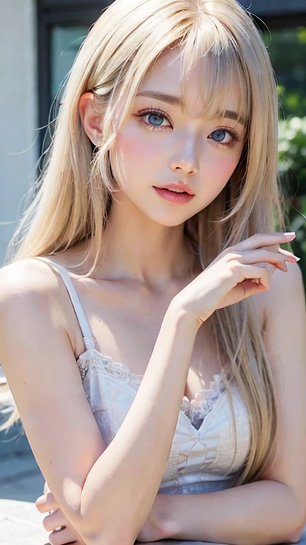 RAW photos, ((((Portrait of extreme beauty))), (((Radiant white beautiful skin)), 1 girl, 1 pretty beautiful girl, ((blonde of bright various colors with glossy)), disheveled hair, hair hanging in front of the face and clinging, [Attractive whitish blue eyes], silky fine hair, ponytail, eyeliner, bangs, hair between the eyes, fluttering hair, a little smile, ((masterpiece, top quality, Ultra detail, film light, complex detail, high resolution, 8k, very detail)), detailed background, 8k uhd, dslr, soft light, high quality, film grain, fujifilm XT3, shallow depth of field, natural light, (perfect hands), sexy and perfect beautiful face, Earrings, small and perky breasts, High Value Cross Beautiful Back Underwear Women, Small Breasts, Push Up Sexy Breasts, Adjustable Bra Set Without Steel Ring