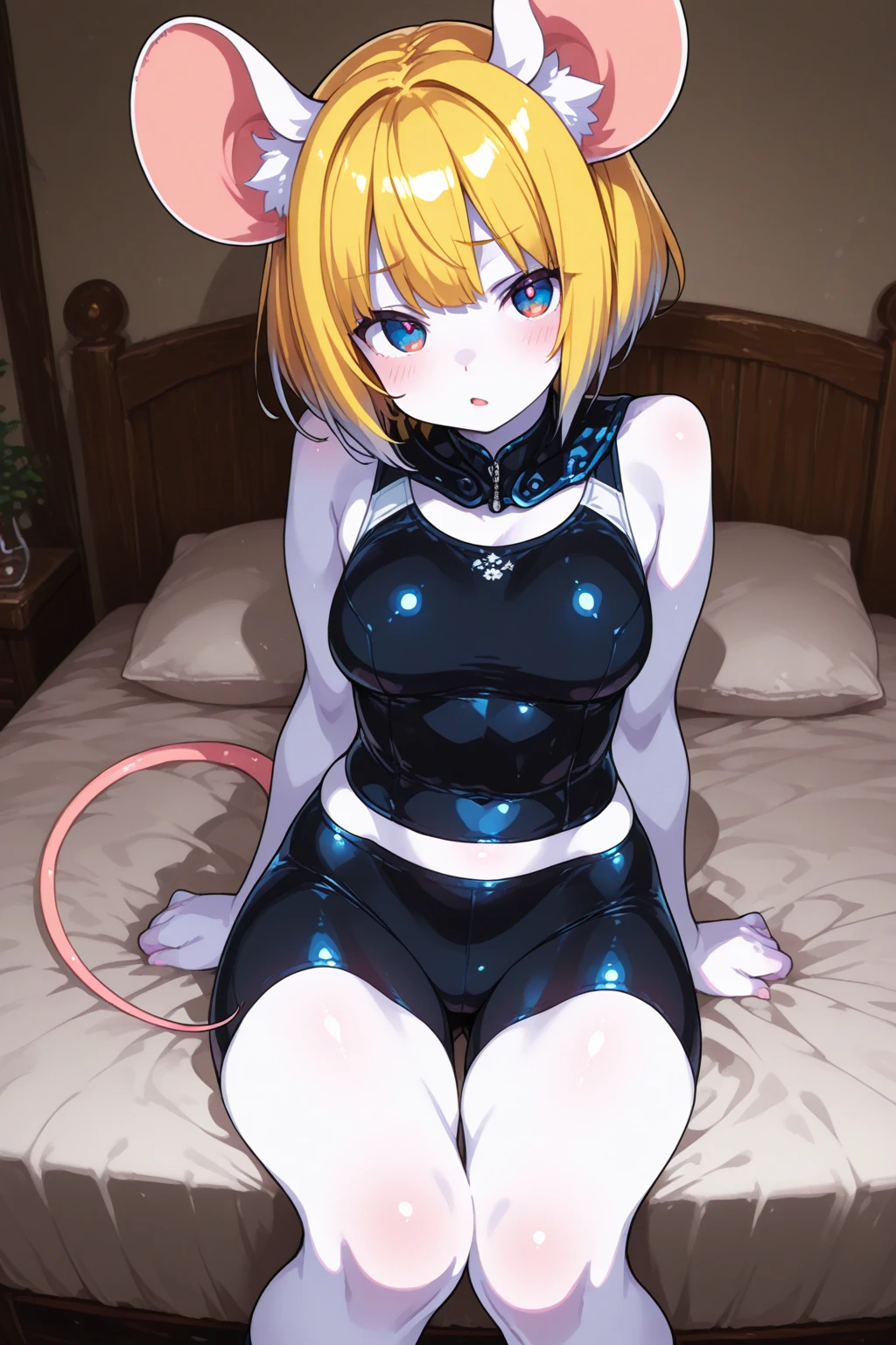1 solo female gazed (blindfolded), animal tiger ears, animal tiger hands, animal tiger print, bell, bikini, breasts, choker, claws, cleavage, collar, full body, gloves, large breasts, pink lips, long hair, looking at viewer, navel, neck bell, on bed, tiger paw gloves, tail, thigh highs, tiger ears, tiger print, tiger tail, white long hair, sitting on bed bedroom background