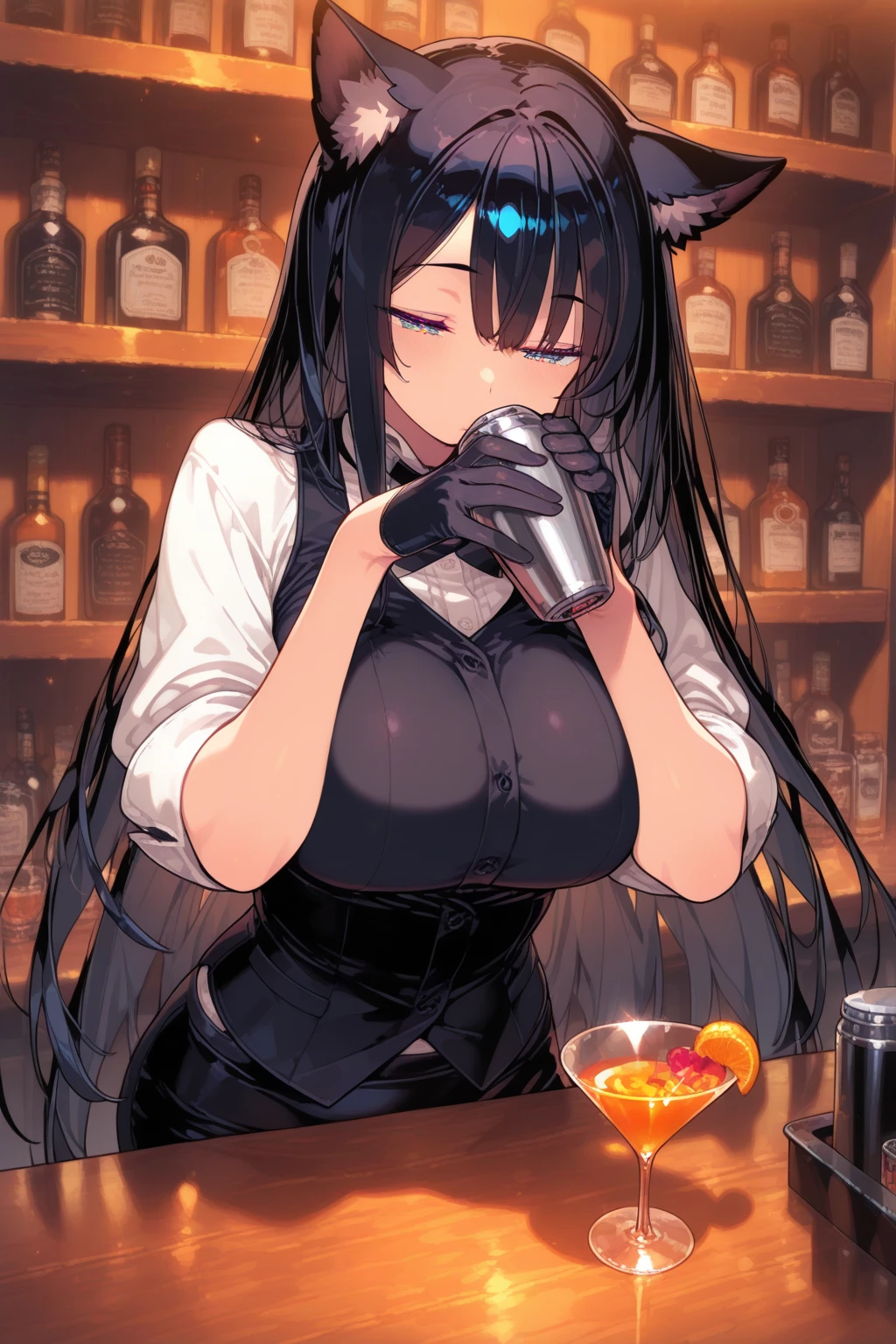((score_9, score_8_up, score_7_up, score_6_up), (adult, seductive face,) close up face, portrait, elbow rest, red eyes, eyepatch, long straight black hair, bunnysuit, sighing, sitting at bar, drinking beer, big breasts, toned female, Nyantcha Style, shadow, soft light, source_anime, rating_explicit,